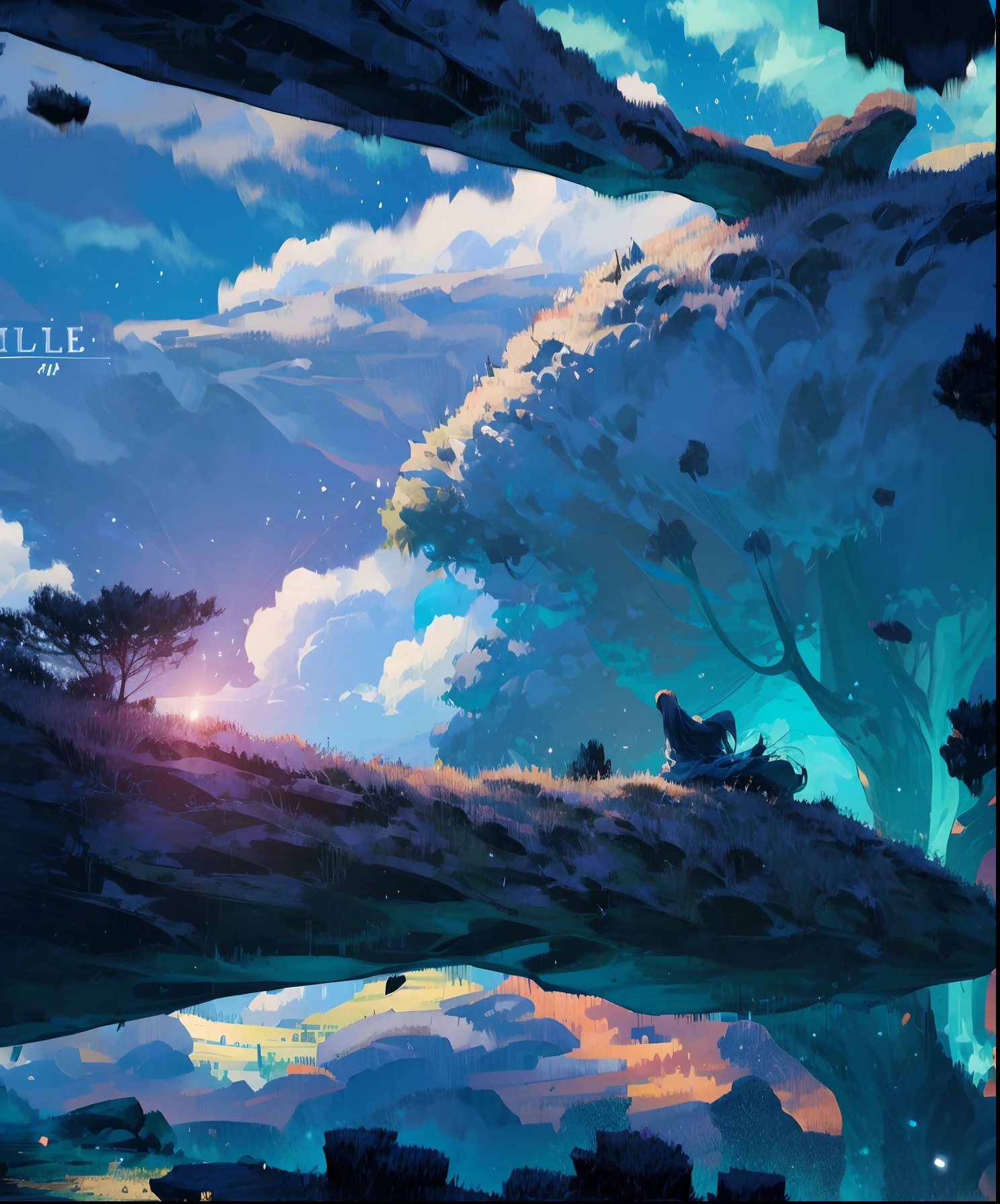 Describe a scene where a cute girl character is lying on a grassy hill, Looking up at the starry sky. Surround her with colorful nebulae and her favorite constellations.