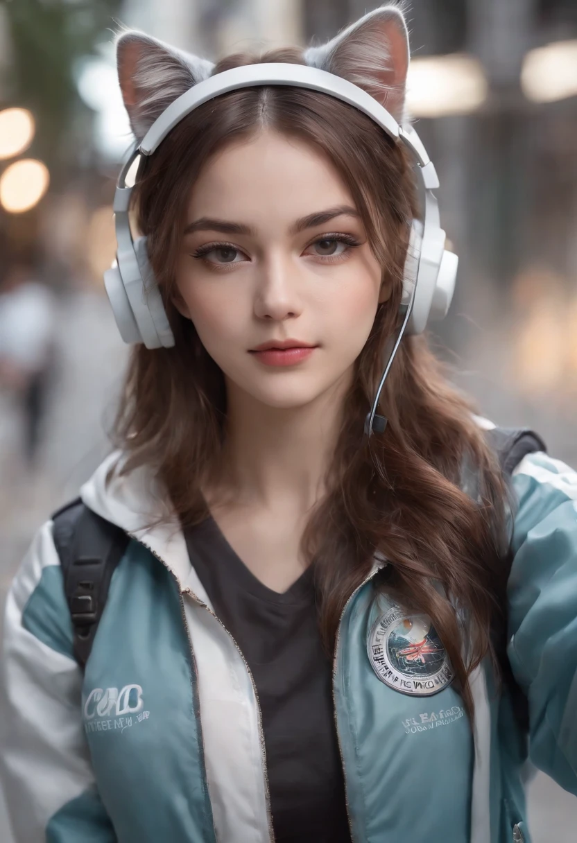 Perfect centering, Cute cat, Wear a student team jacket, Wearing sunglasses, Wearing headphones, cheerfulness, Standing position, Abstract beauty, Centered, Looking at the camera, Facing the camera, nearing perfection, Dynamic, Highly detailed, smooth, Sharp focus, 8K, high definition resolution, illustration, Art by Carne Griffiths and Wadim Kashin, White background