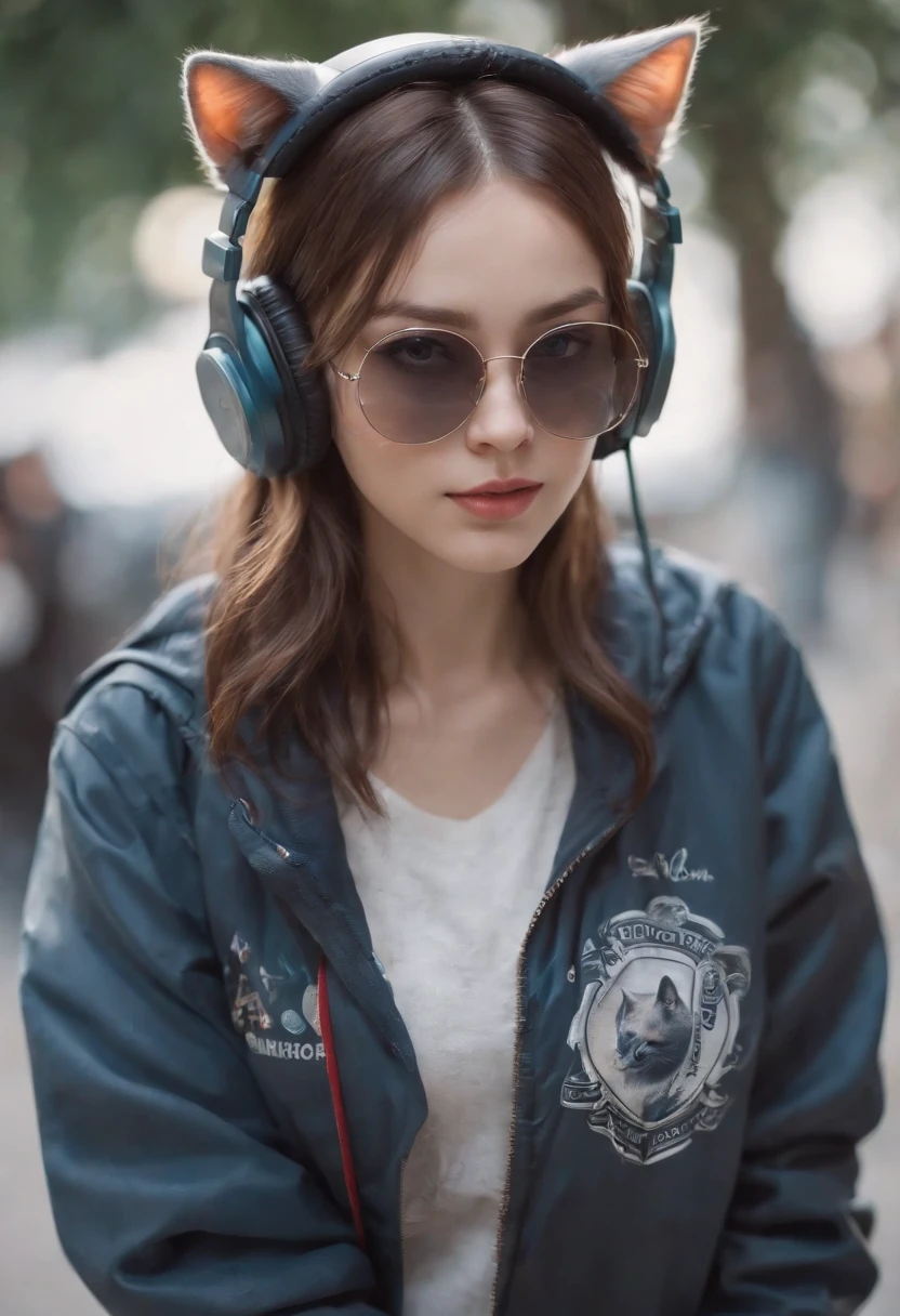 Perfect centering, Cute cat, Wear a student team jacket, Wearing sunglasses, Wearing headphones, cheerfulness, Standing position, Abstract beauty, Centered, Looking at the camera, Facing the camera, nearing perfection, Dynamic, Highly detailed, smooth, Sharp focus, 8K, high definition resolution, illustration, Art by Carne Griffiths and Wadim Kashin, White background