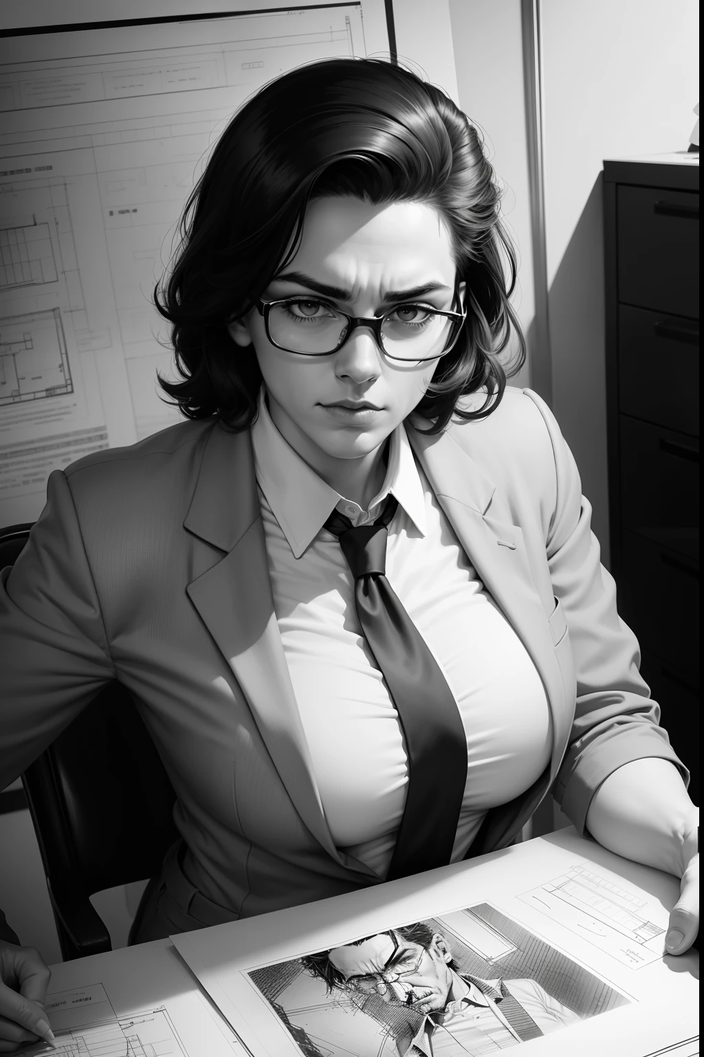 Portrait photo of quality inspector, in the style of technical drawing, pencil drawing, sketch illustration, stark contrast, in the style of comic book noir, expert draftsmanship, meticulous inking, draftpunk, Arthur Skizhali-Weiss