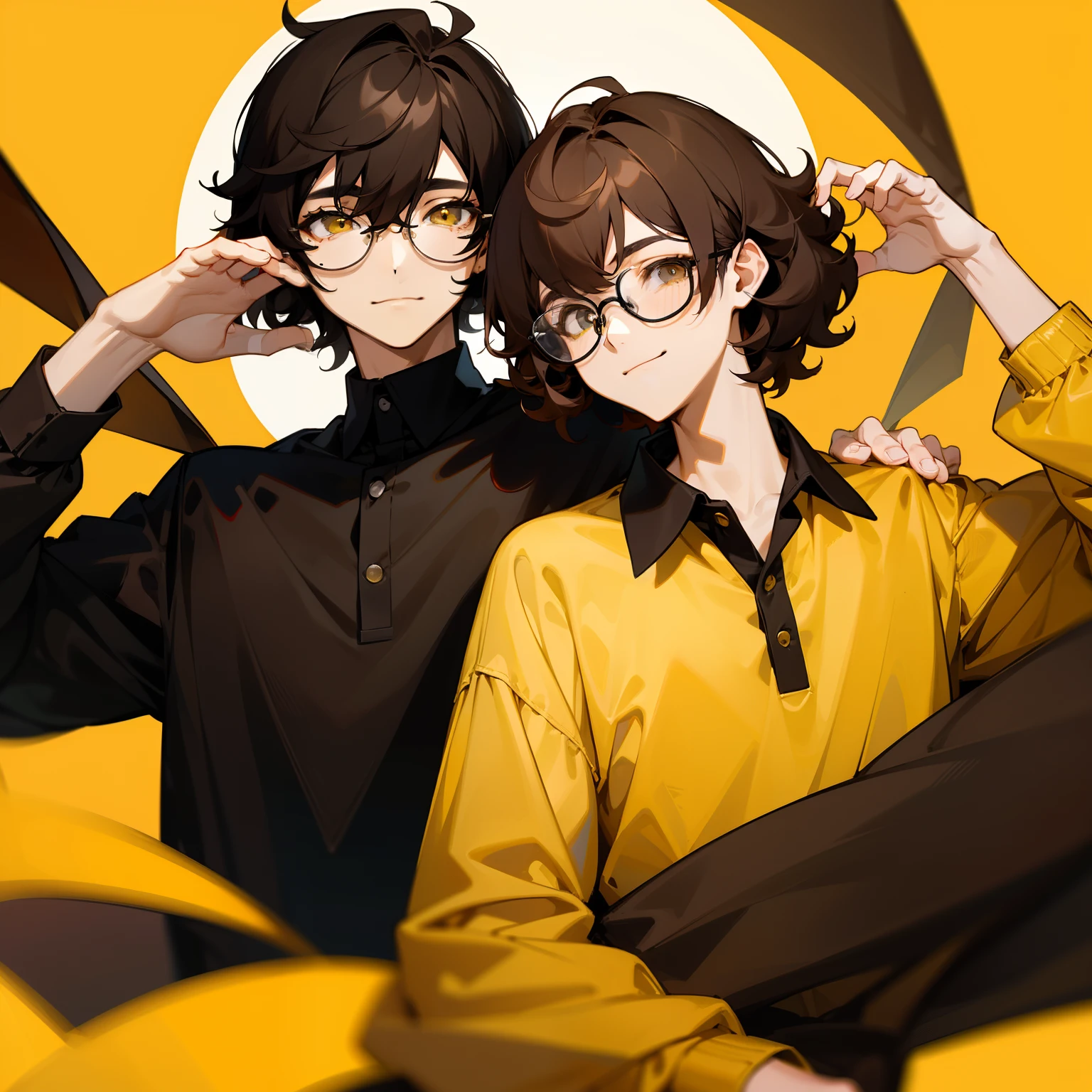 2 men、One has dark brown hair、Yellow Polo Shirt、年轻、A smile、Short perm、Black glasses、Small moles under the eyes、Narrow-eyed、Unique Pose、One has black hair、in one eye there is hair、crypto、Hollow eyes、lean body、Black clothe、Black glasses、Bad getting along