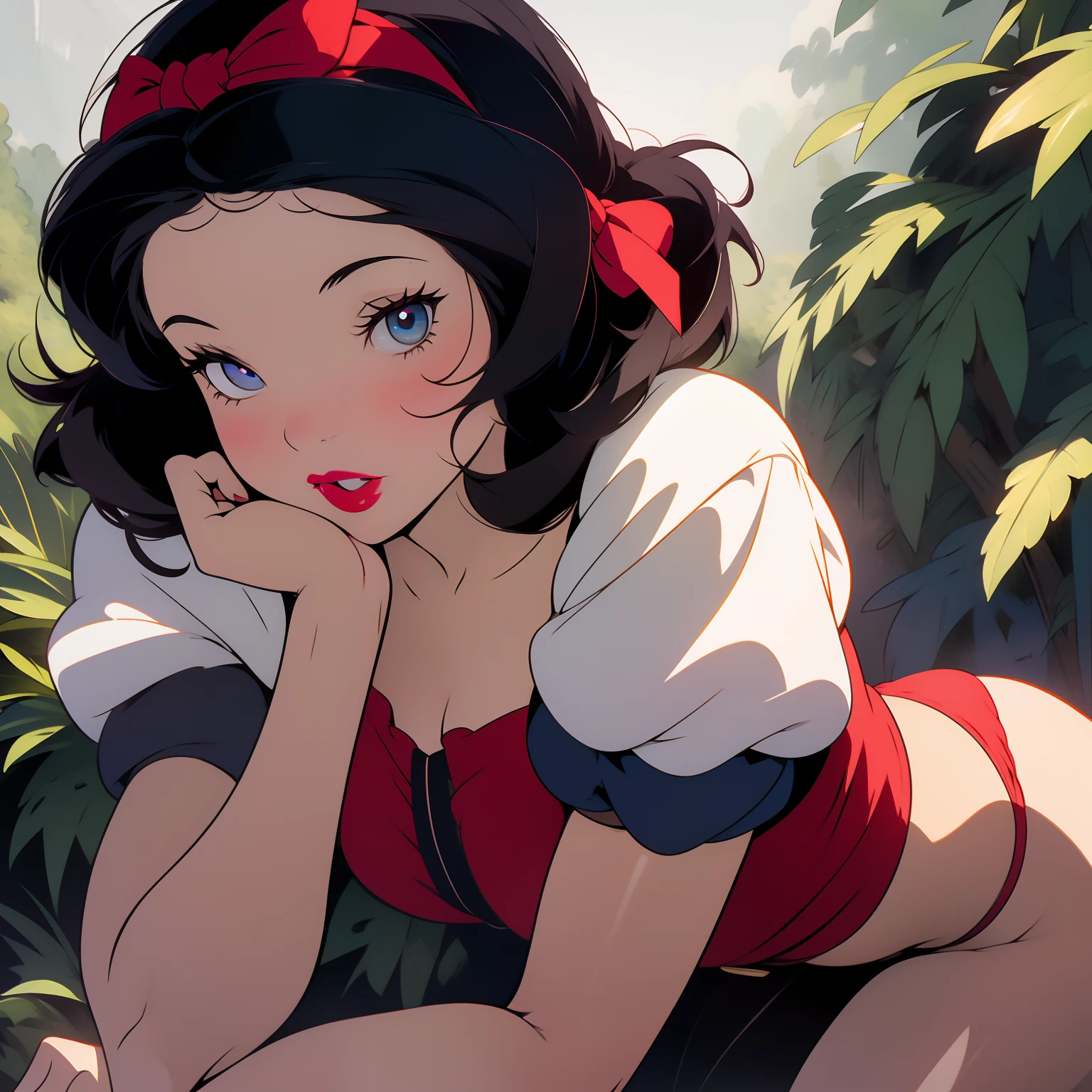 (masterpiece, best quality), beautiful girl, 
snow white, lying, (detailed beautiful eyes) medium body shot, short black hair, red ribbon, big breasts, cleveage, white panties, ultra detailed blue eyes,