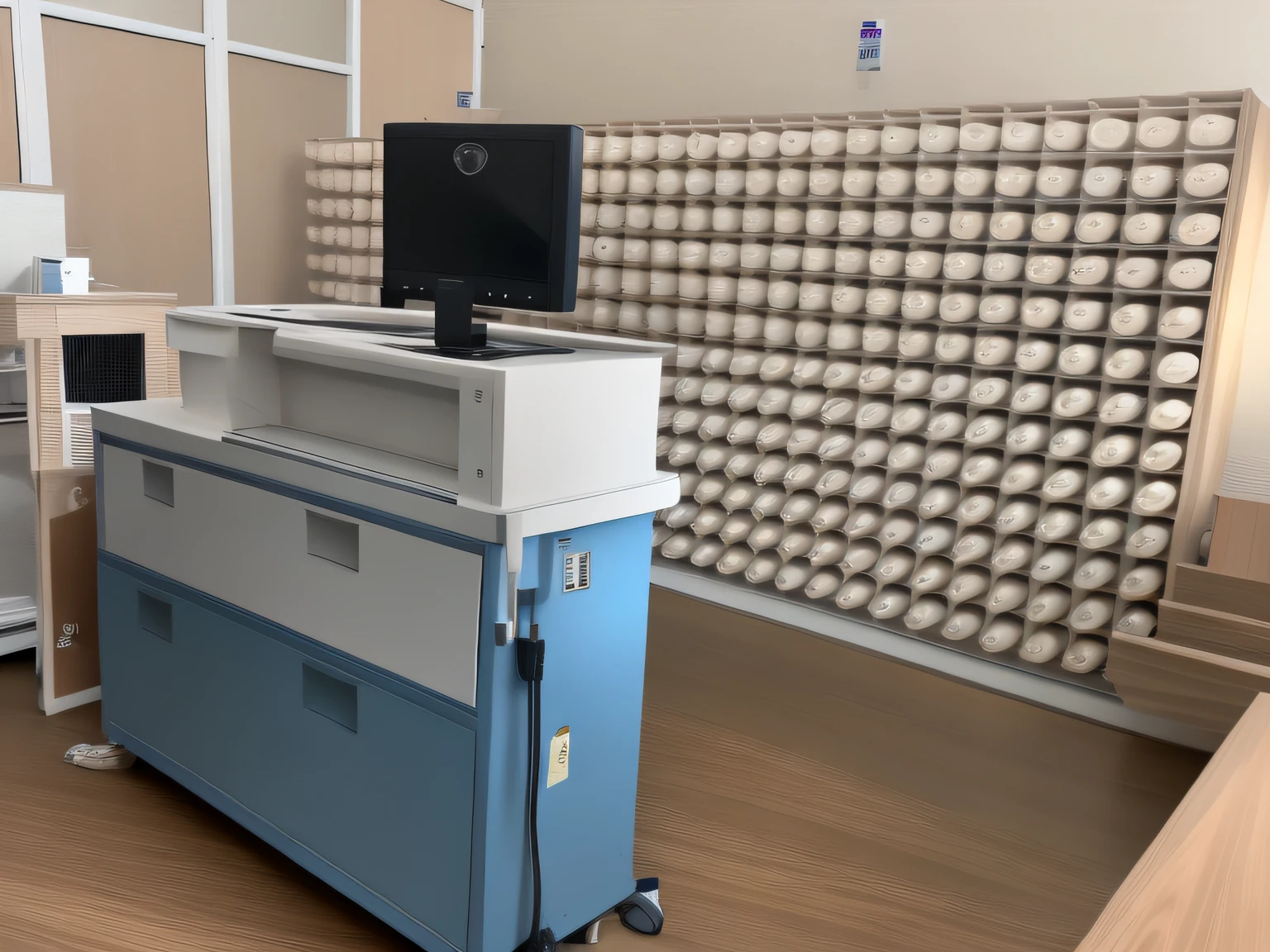 Wood-colored flooring。White walls,Wood-colored furniture,Medical light