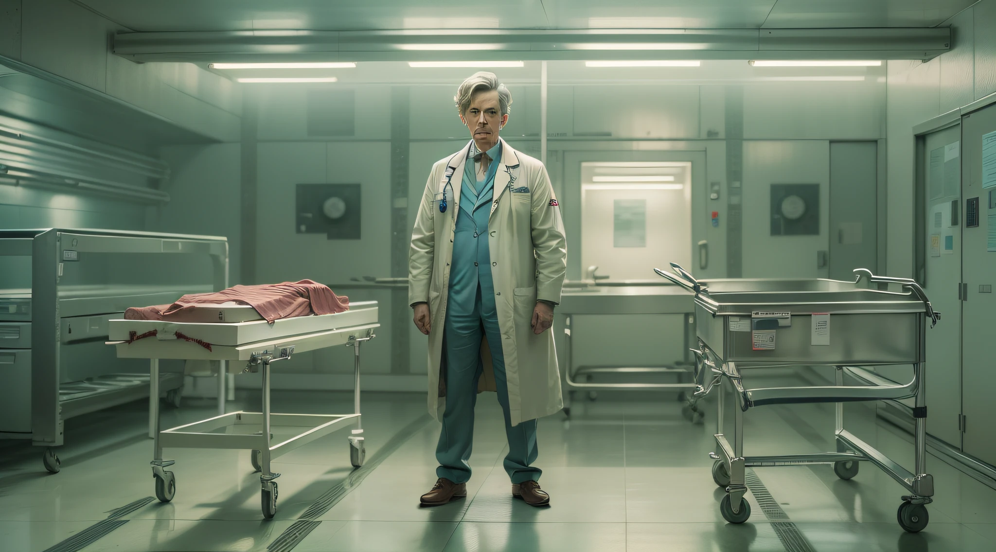 the doctor stands with his back to the frame in the morgue, in front of him is a gurney with a corpse in a sheet