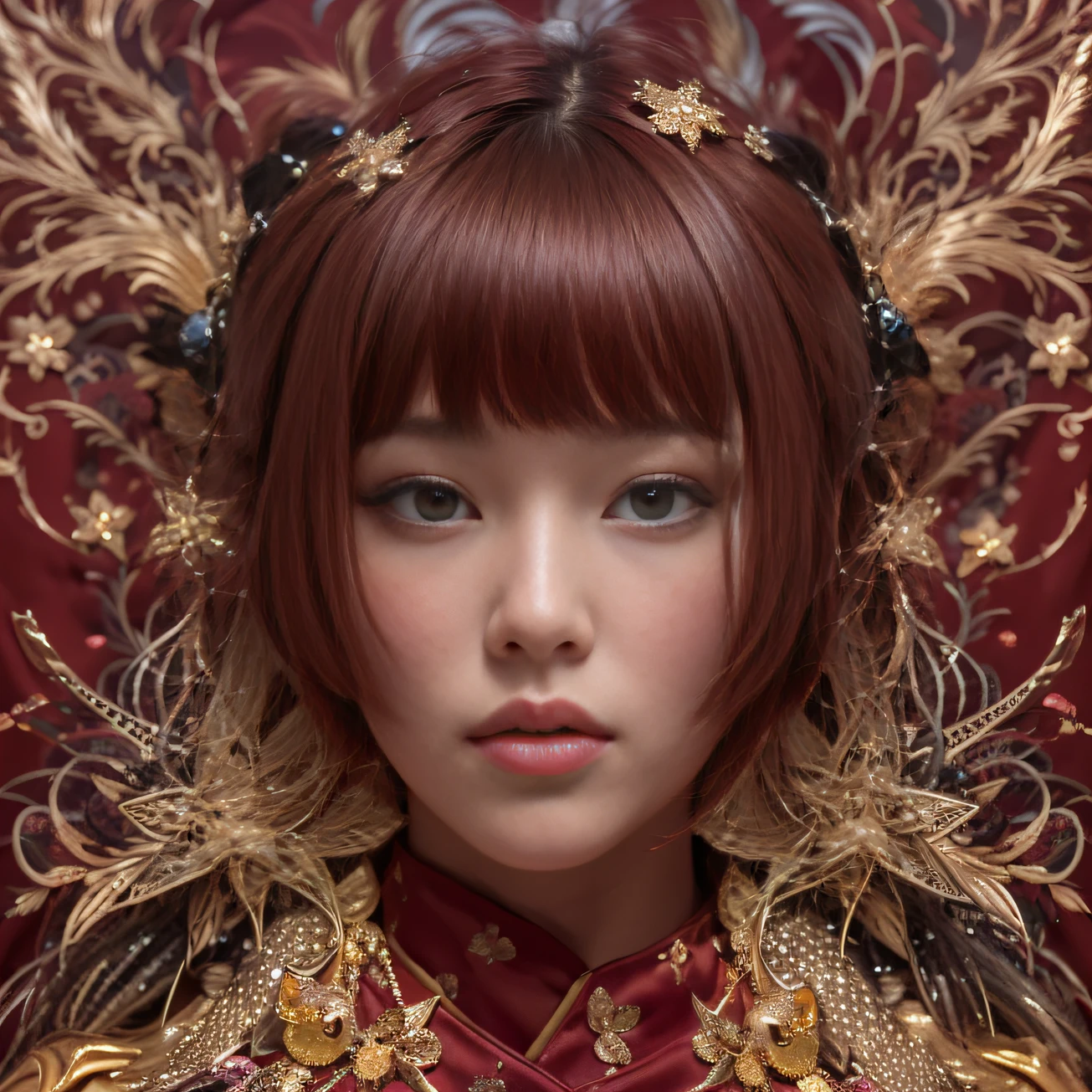 32K gradient glass texture（tmasterpiece，k hd，hyper HD，32K）Short burgundy hair，Short flowing hair，Onsen District，Flame Girl ，Yao Lang protector （realisticlying：1.4），Python pattern robe，Black gold master Kawashima work headdress，Snowflakes fluttering，The background is pure，Hold your head high，Be proud，The nostrils look at people， A high resolution， the detail， RAW photogr， Sharp Re， Nikon D850 Film Stock Photo by Jefferies Lee 4 Kodak Portra 400 Camera F1.6 shots, Rich colors, ultra-realistic vivid textures, Dramatic lighting, Unreal Engine Art Station Trend, cinestir 800，Hold your head high，Be proud，The nostrils look at people，Short burgundy hair