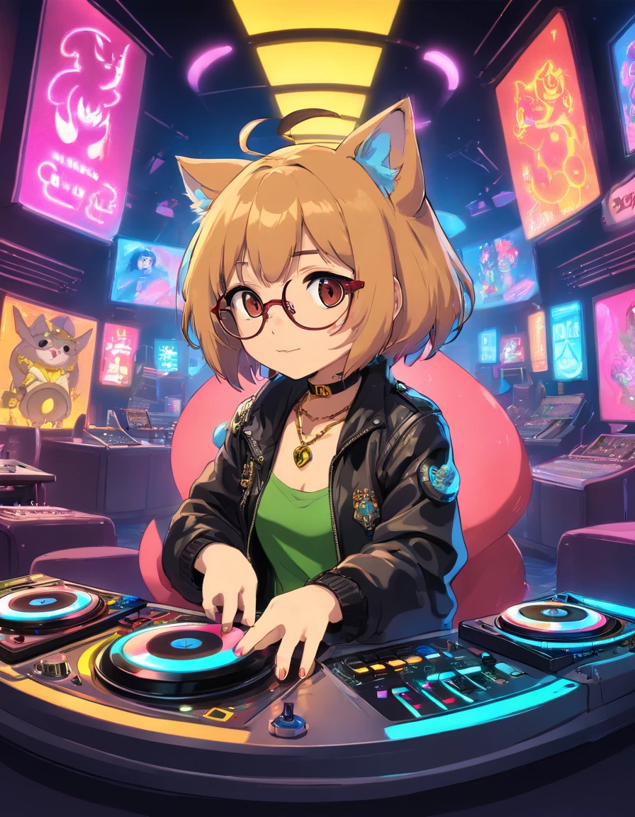 Panorama,nightclub,Anthropomorphic, puppy, DJ,turntable, neon,rock elements, 80s style,colored glasses, big gold necklace, punk leather jacket,