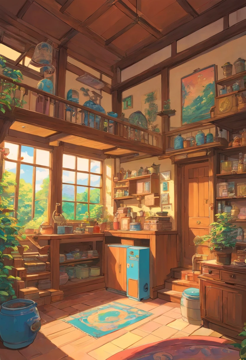 in a house, colorful animation stills, Masami Teraoka, Embry style, Honest portrayal,domestic