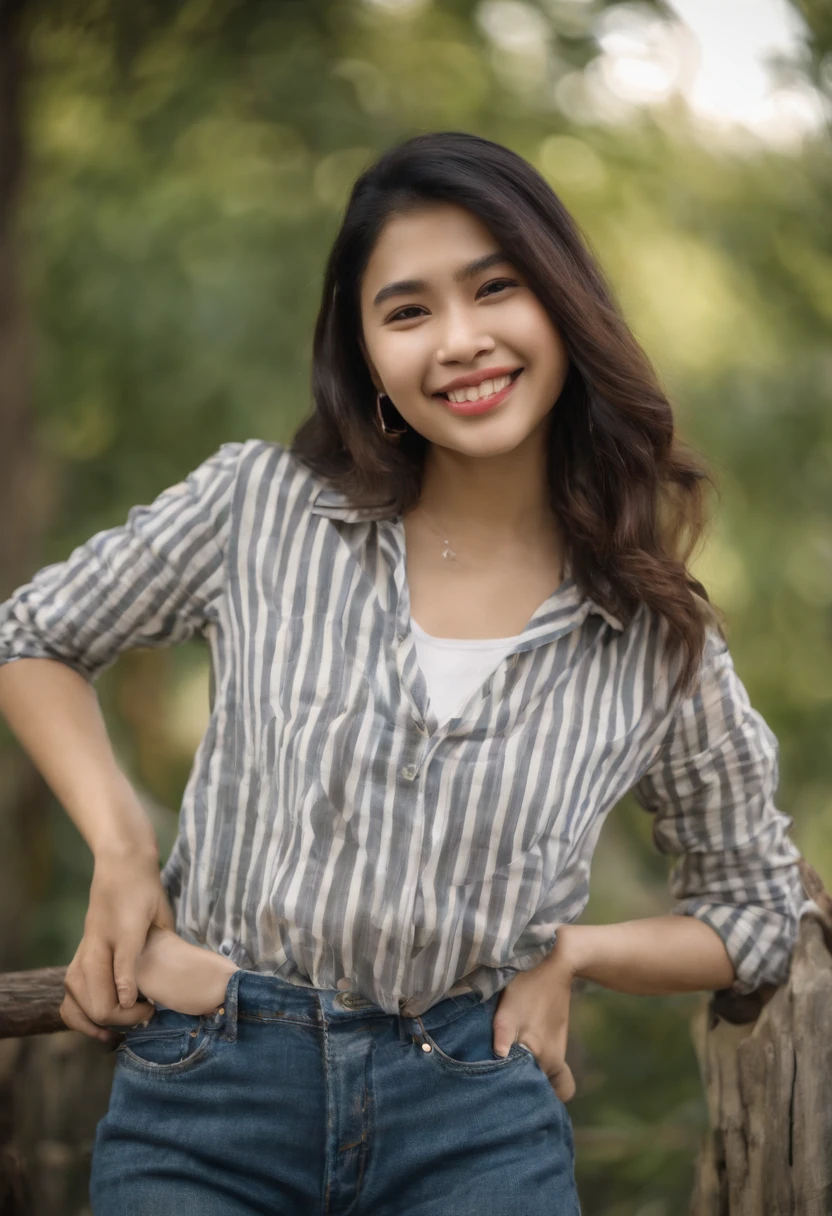 smiling woman in striped shirt taking selfie with camera in park, nivanh chanthara, selfie photo, she is about 14 years old, very slightly smiling, a picture, slight cute smile, with a beautifull smile, selfie, selfie shot straight on angle, photo of the girl, picture, 1 6 years old, 14 years old, mid sized boobs, thighs, Ultra Realistic, Asian girl