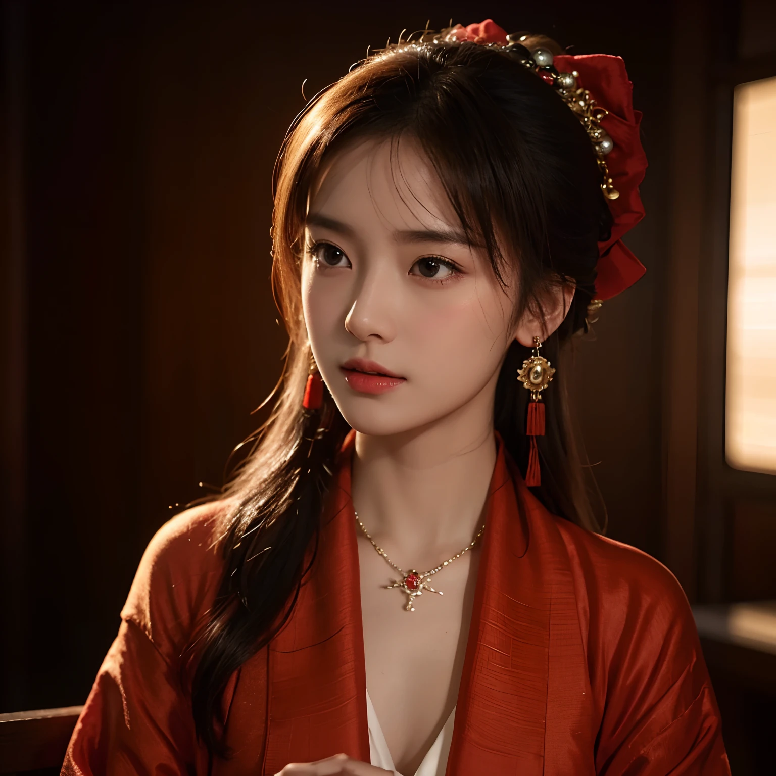 Best Quality, masutepiece, hight resolution, 1girl in, Photograph the whole body,china hanfu,Background of Chinese Architect, red scarf, Hair Ornament,Necklace, Jewelry,Beautiful face,Inserting a into the_Body, Tindall Effect,Photorealistic, Dark Studio, Rim lighting, two tone lighting,(High detailed skin:1.2), Digital SLR, Soft lighting, High quality, Volumetric lighting, Candid, photograph, High resolution, 4K, 8K, Bokeh,Red Dress Girl