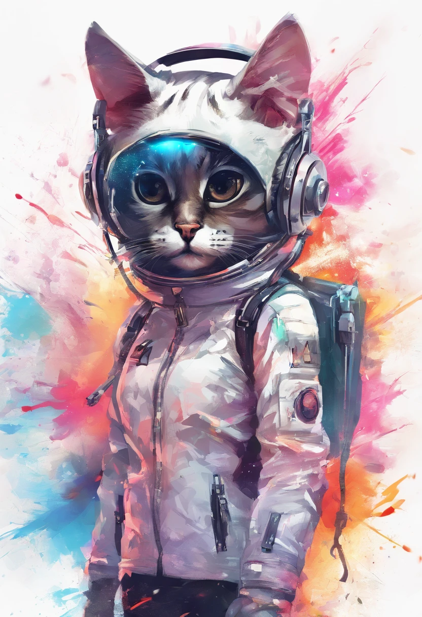 Perfect centering, Cute cat, Wear a student team jacket, Wearing sunglasses, Wearing headphones, cheerfulness, Standing position, Abstract beauty, Centered, Looking at the camera, Facing the camera, nearing perfection, Dynamic, Highly detailed, smooth, Sharp focus, 8K, high definition resolution, illustration, Art by Carne Griffiths and Wadim Kashin, White background