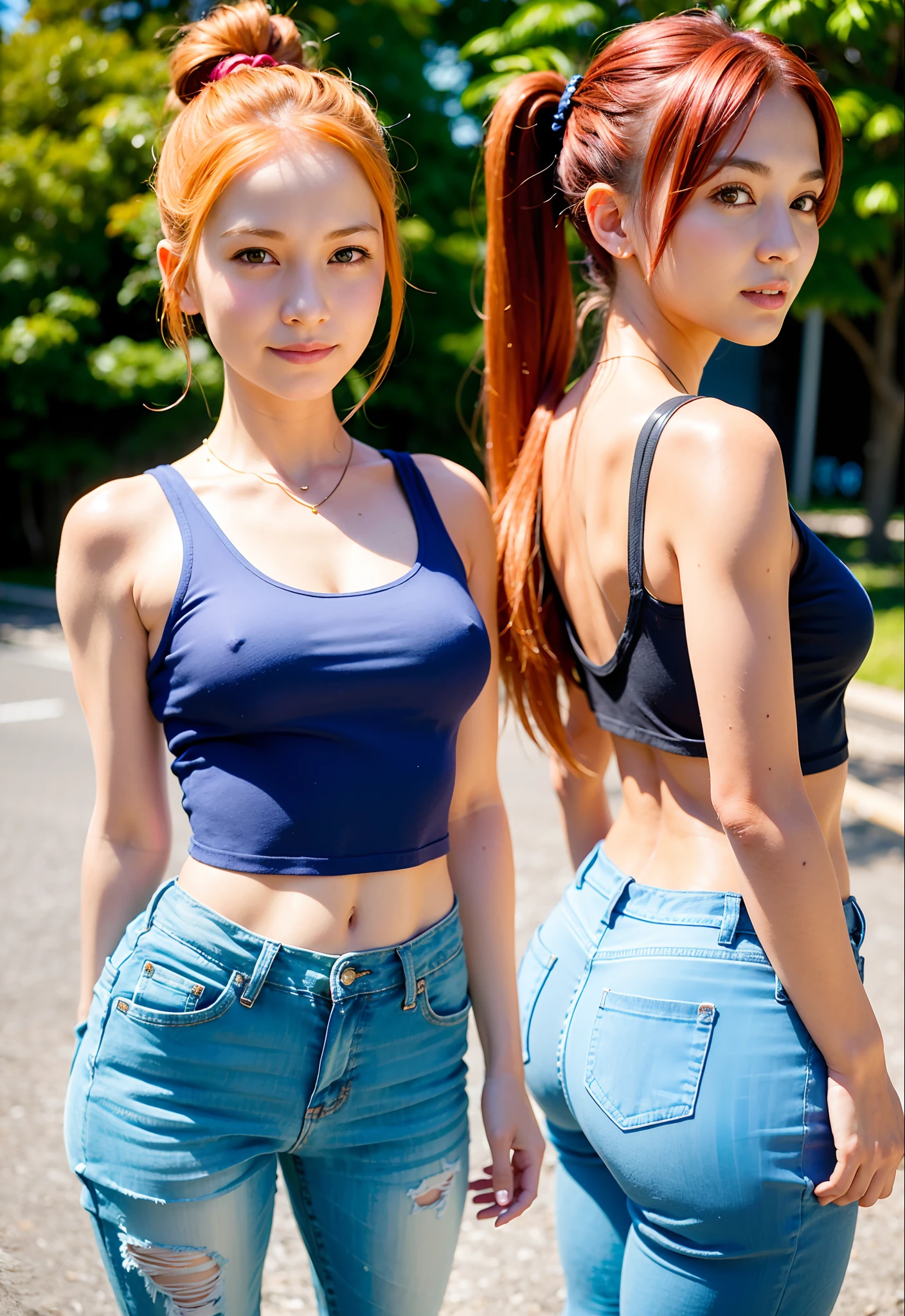 mix4,(8K, Raw photo, Best Quality, masutepiece:1.2), (Realistic, Photorealsitic:1.37),((1girl in)), aged down, Cute, Outdoors, day, Sunlight, Professional Lighting, Photon mapping, Radio City, Physical Rendering ,Chinese,((Bust: 2, redhair: 2, Ponytail: 1.2, Perfect face, Perfect eyes,)), Goddess, Smile, arms behind back,Brown and blonde gradient hair、Slimed、A slender、Model body type、small tits、Very small breasts、fashionable outfit、Tank tops、Denim skinny pants、espadrilles
