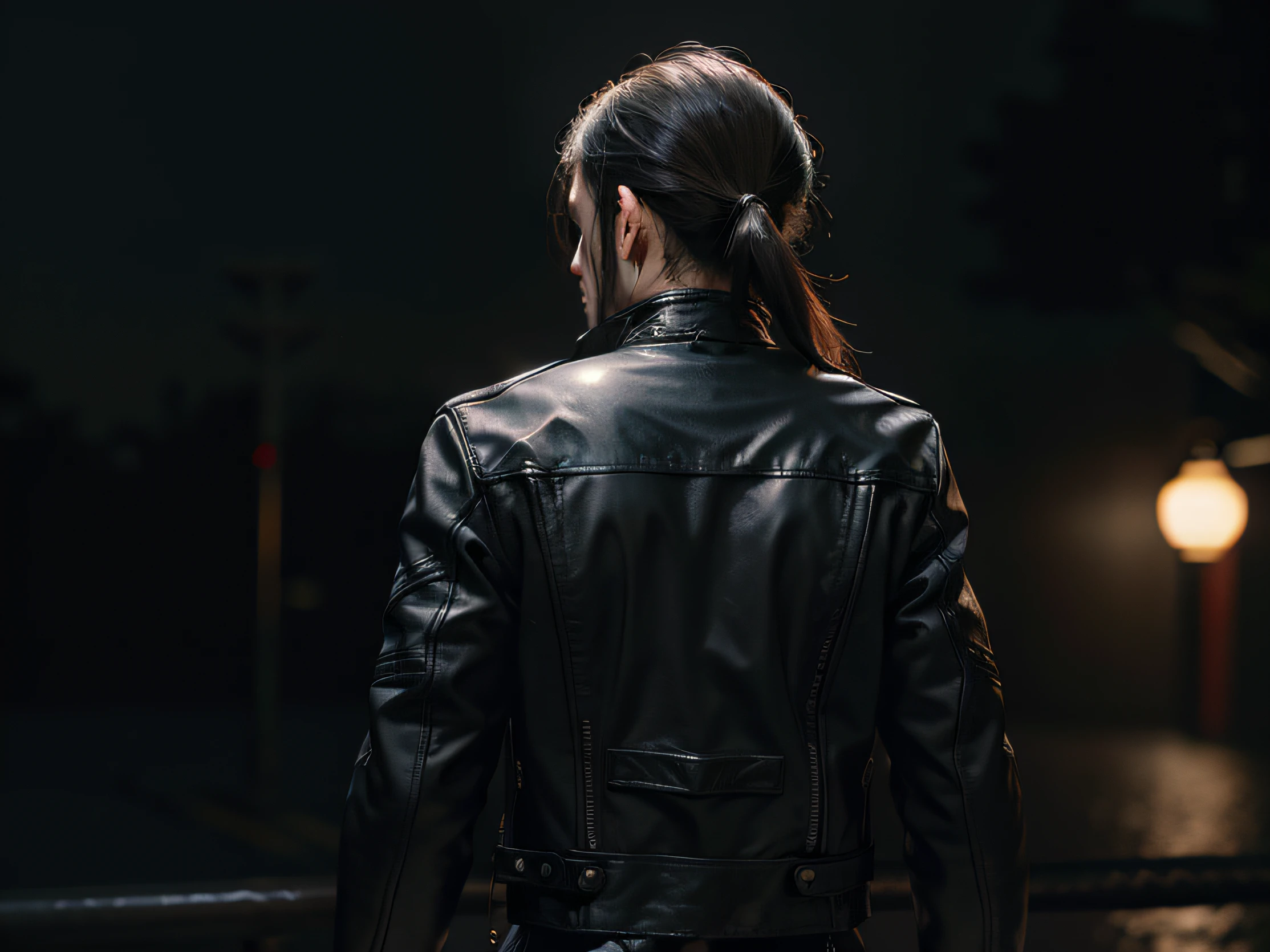man, biker jacket, from behind, back view, close up, at the night, rain, dark