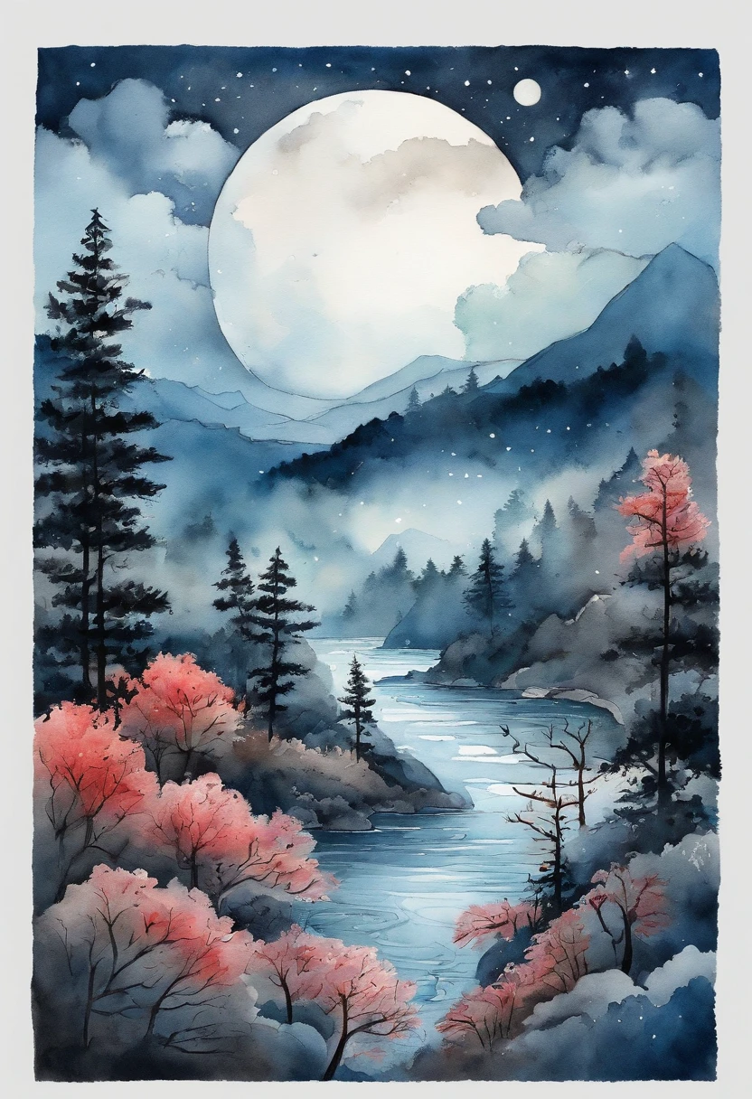Japan forest painting in intricate detail, Galaxy in the background,natta、Moon Clouds clouds, vivd colour, High contrast, mont, vector line art, Light blue highlights, anime concept art, stick, rug, High quality, Kanye West's Cover Style