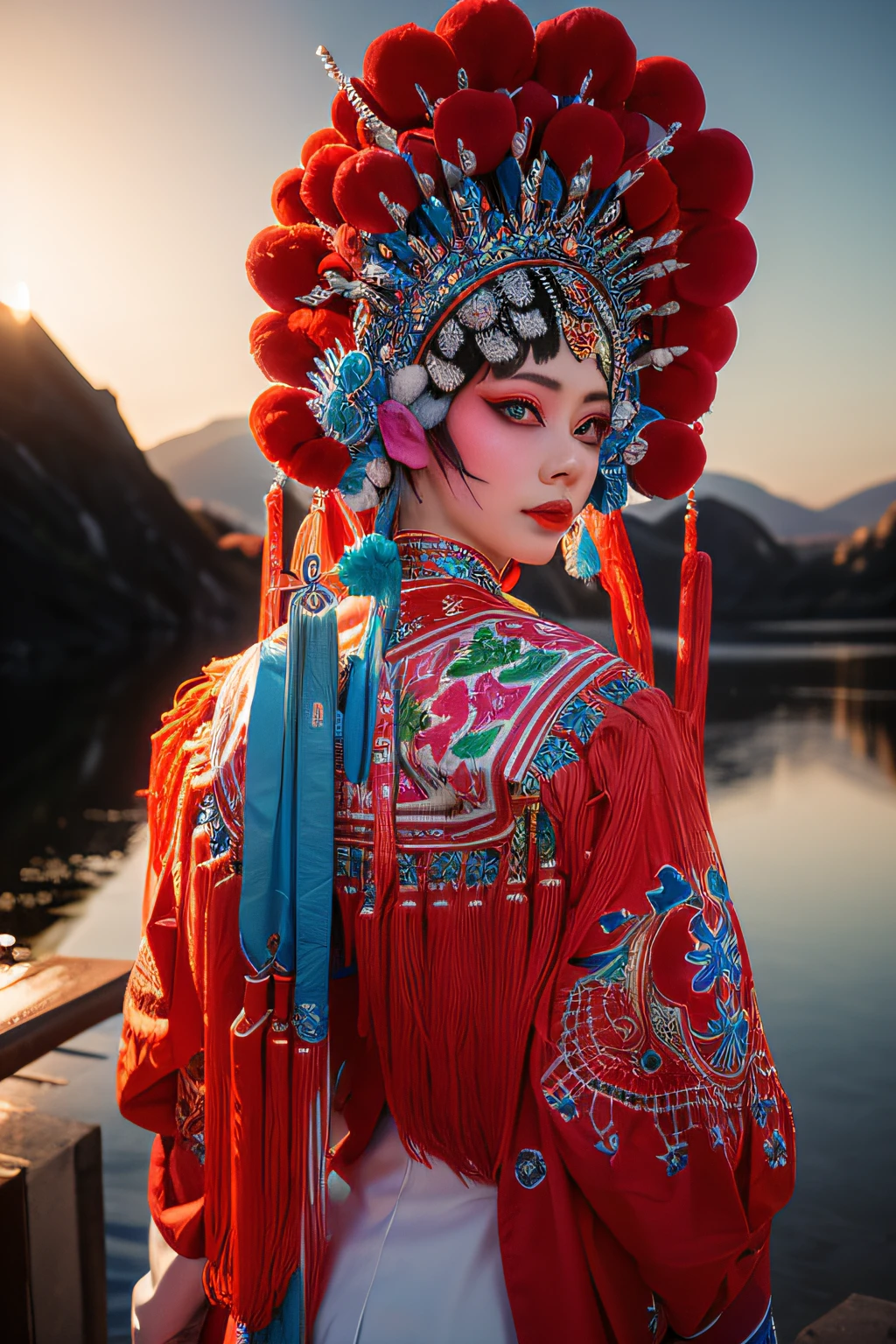 8k, RAW photo, best quality, masterpiece, realistic, photo-realistic, ultra detailed,
1 girl,  CNOperaCrown,  from front, looking at viewer, makeup, headdress, (((CNOperaFlag))), flag from back, holding,  upper body, tassel,