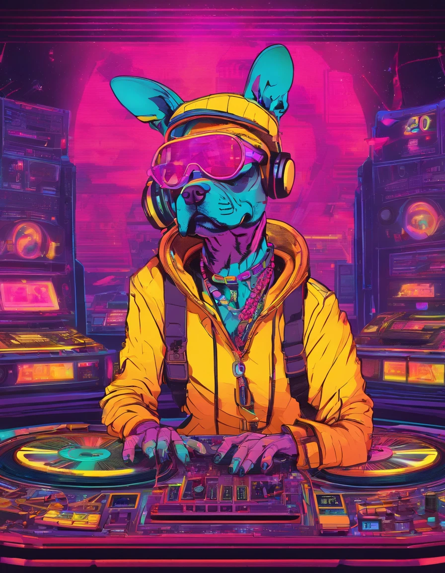 Panorama,nightclub,Anthropomorphic, puppy, DJ,turntable, neon,rock elements, 80s style,colored glasses, big gold necklace, punk leather jacket,