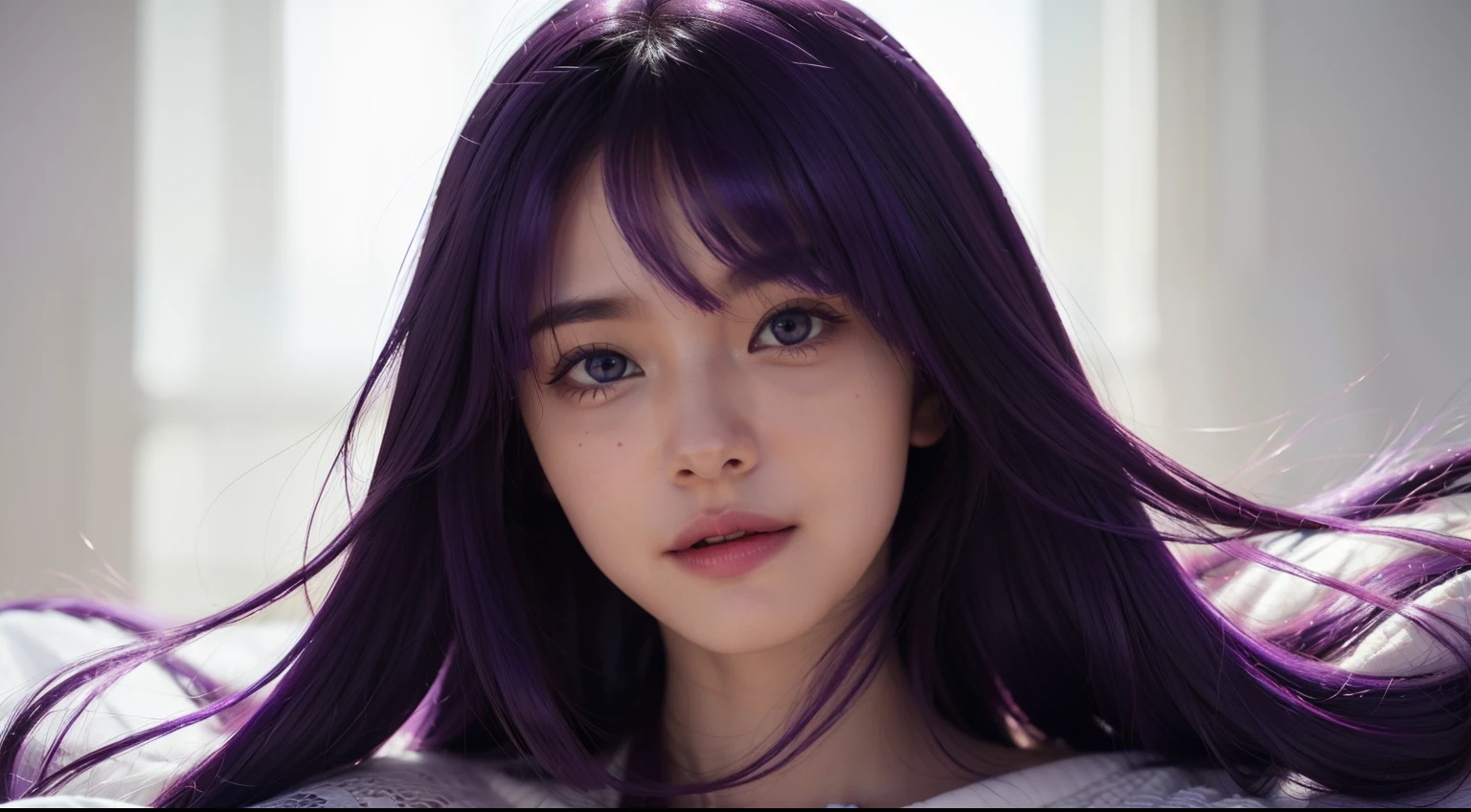 superfine illustration, very detailed beautiful face and eyes, Dynamic Angle, Purple hair color, 18 year old girl, laugh