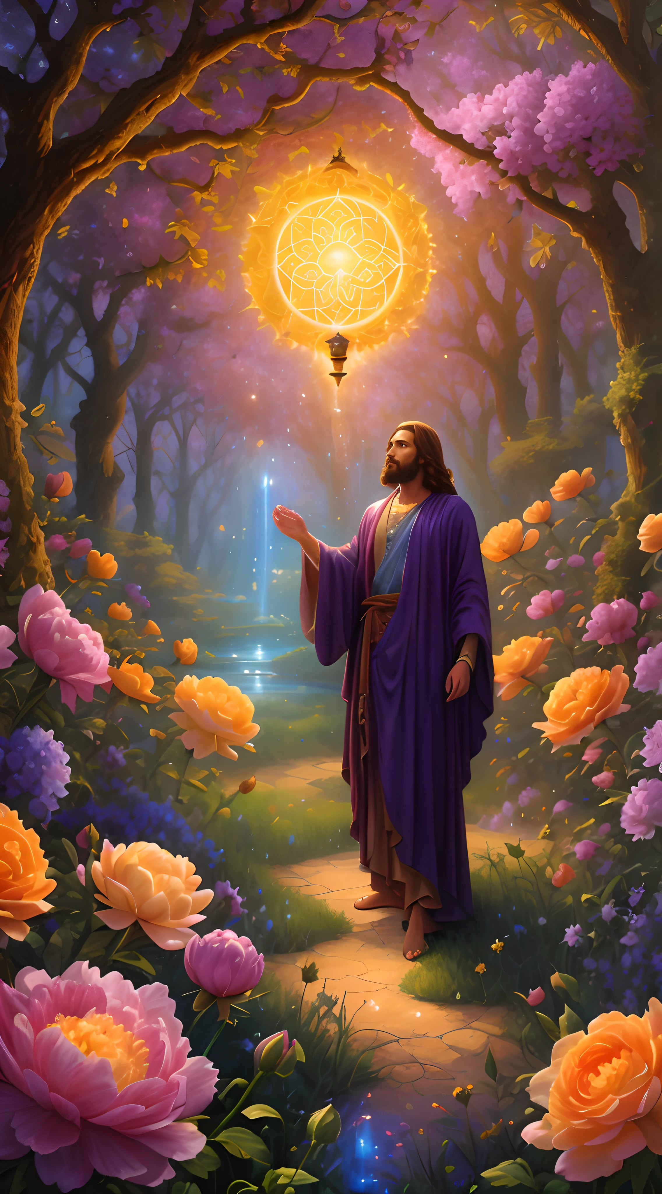 a painting of jesus standing in a garden with flowers and a sun, inspired by Christophe Vacher, greg olsen, beeple and jeremiah ketner, holy fire spell art, by Christophe Vacher, inspired by Carl Heinrich Bloch, rob mcnaughton, jon mcnaughton, greg hildebrandt highly detailed, virgil finlaytim hildebrandt