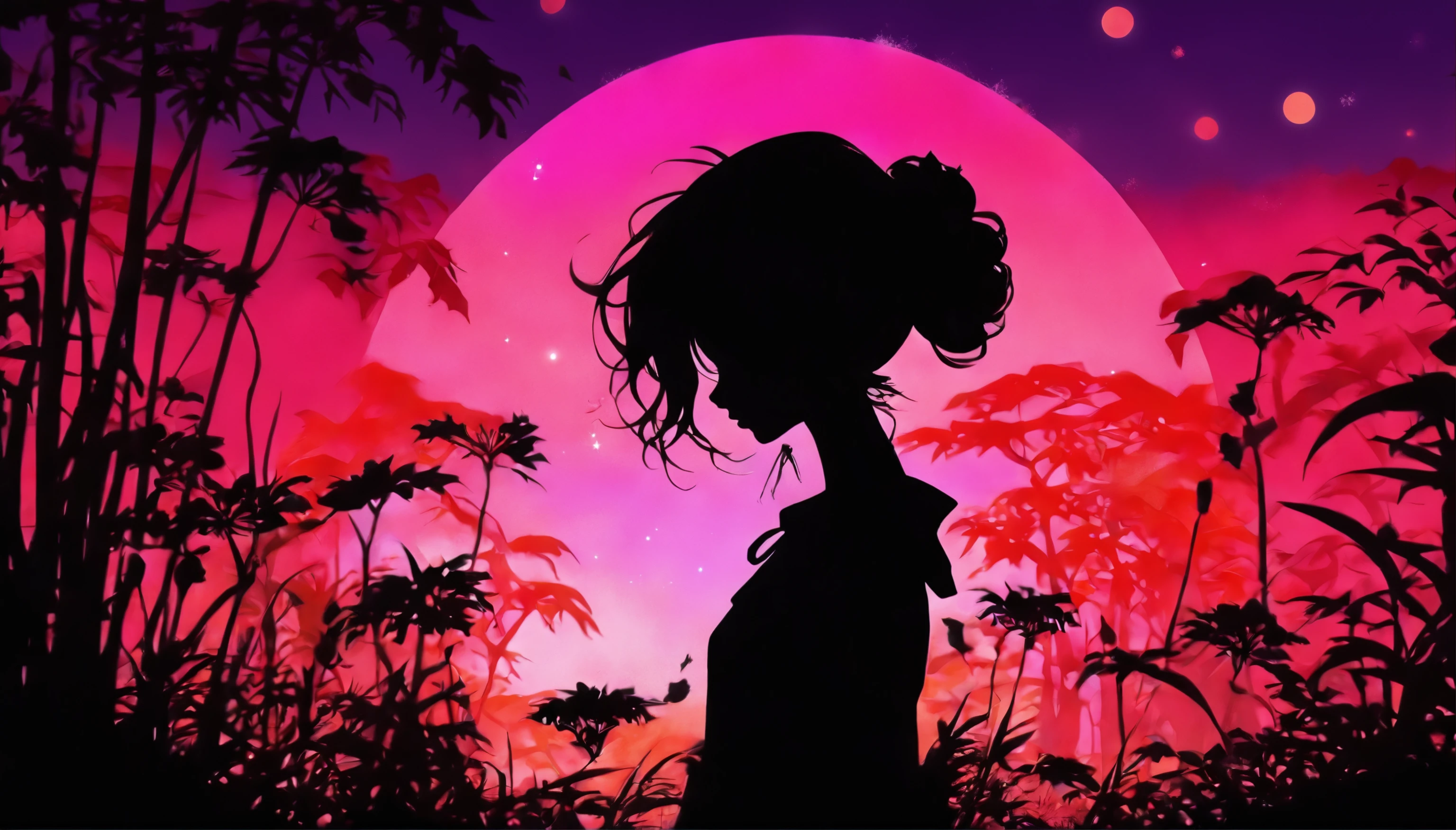 (Silhouette Art,cutouts:1.6)
(((Paper cutting art,A world where only black exists:1.3)
(Cowboy Shot),1 girl,Solo,
(Kimono Girl,profile:1.2),white, Clear and beautiful face,
BREAK
(Purple Moon、Red Spider Lily、Countless graves)
Textured glass background,