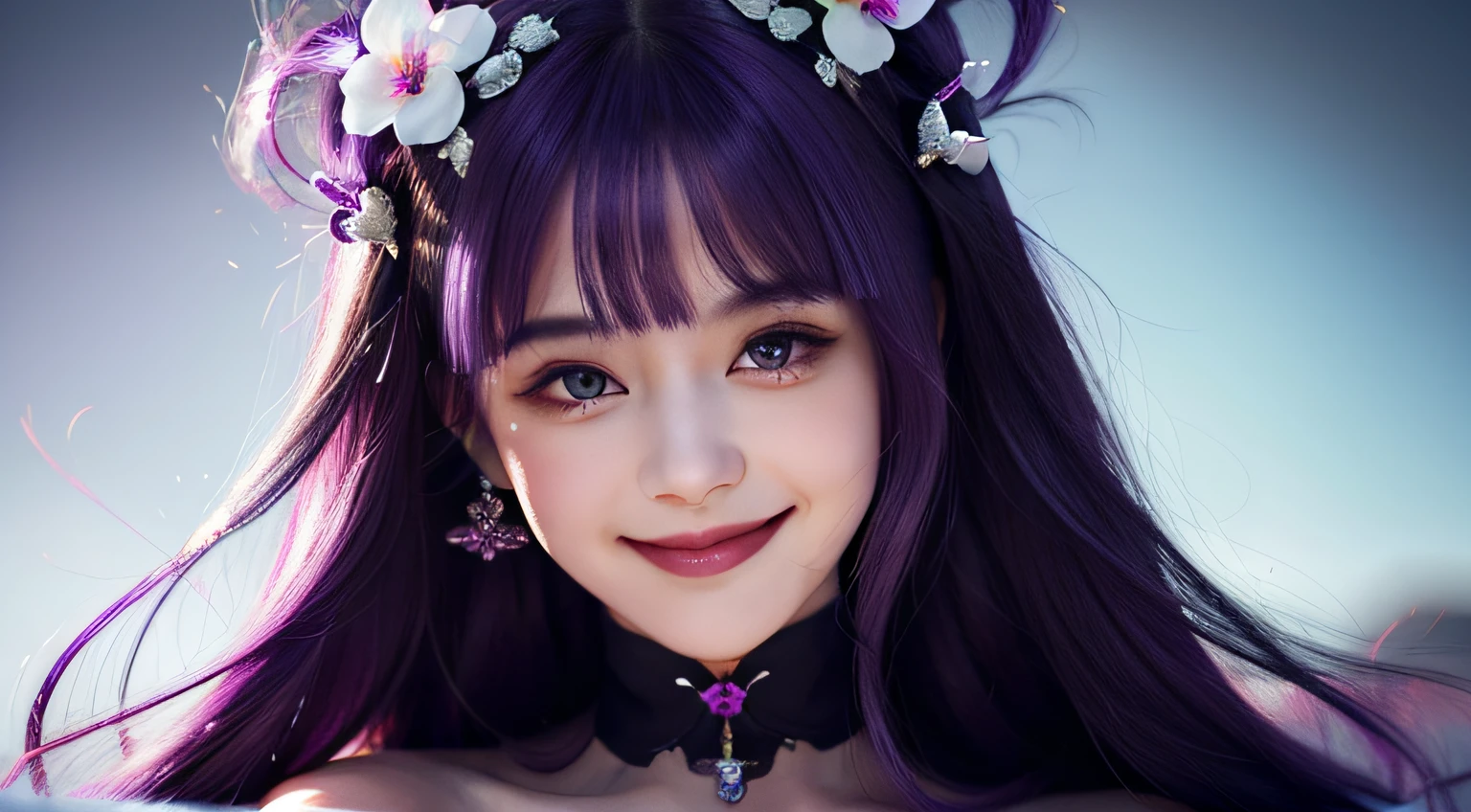 superfine illustration, very detailed beautiful face and eyes, Dynamic Angle,, Purple hair, Naughty smile, Singing, claw pose, looking at another, upper body, 18 year old girl