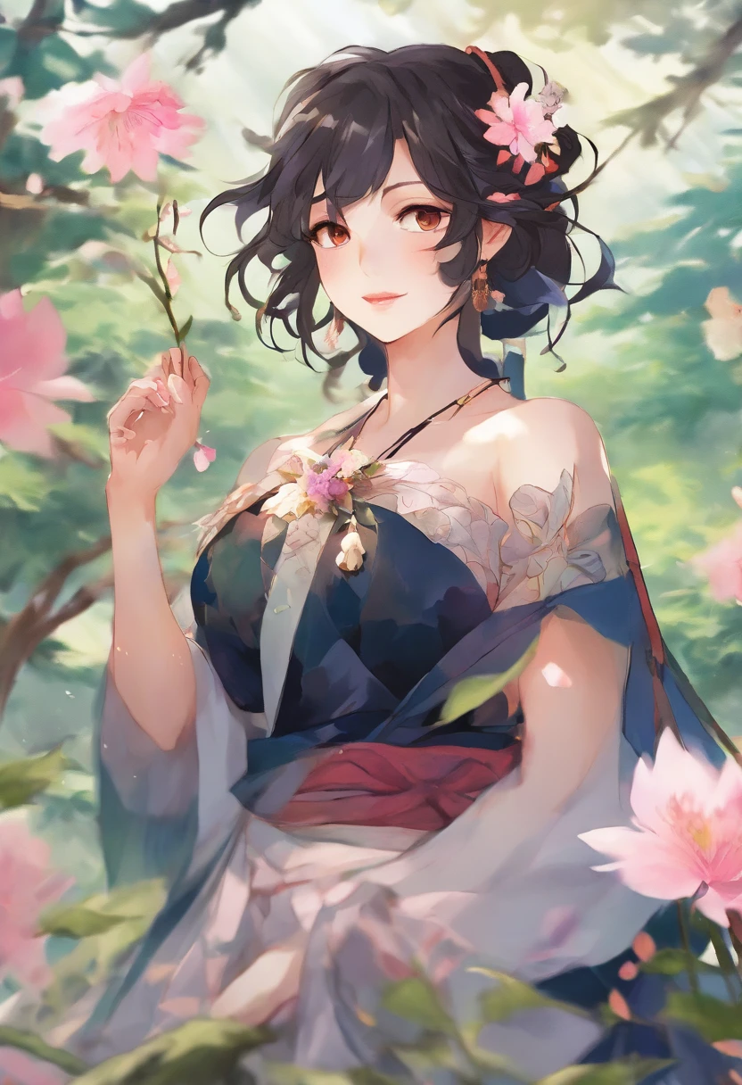 Extremely detailed and high-resolution masterpiece of Kocho Shinobu, the beautiful and deadly Demon Slayer in dynamic action. Add emphasis on the intricate details of her butterfly-themed outfit and the fierce expression on her face. Set the scene at twilight, with a serene pond and cherry blossom petals in the background. Use rich colors and volumetric light to create a sense of ethereal beauty and power.