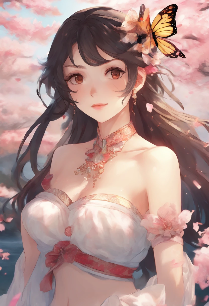 Extremely detailed and high-resolution masterpiece of Kocho Shinobu, the beautiful and deadly Demon Slayer in dynamic action. Add emphasis on the intricate details of her butterfly-themed outfit and the fierce expression on her face. Set the scene at twilight, with a serene pond and cherry blossom petals in the background. Use rich colors and volumetric light to create a sense of ethereal beauty and power.