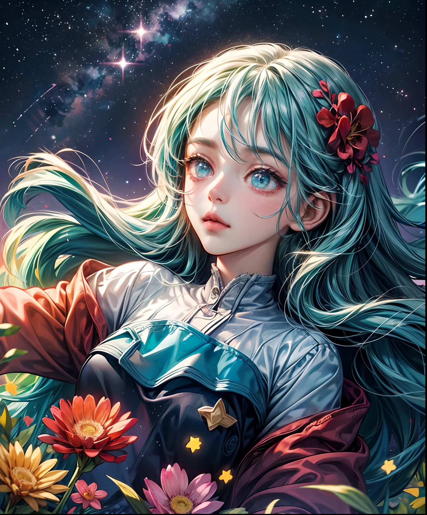 Describe a scene where a cute girl character is lying on a grassy hill, Looking up at the starry sky. Surround her with colorful nebulae and her favorite constellations.