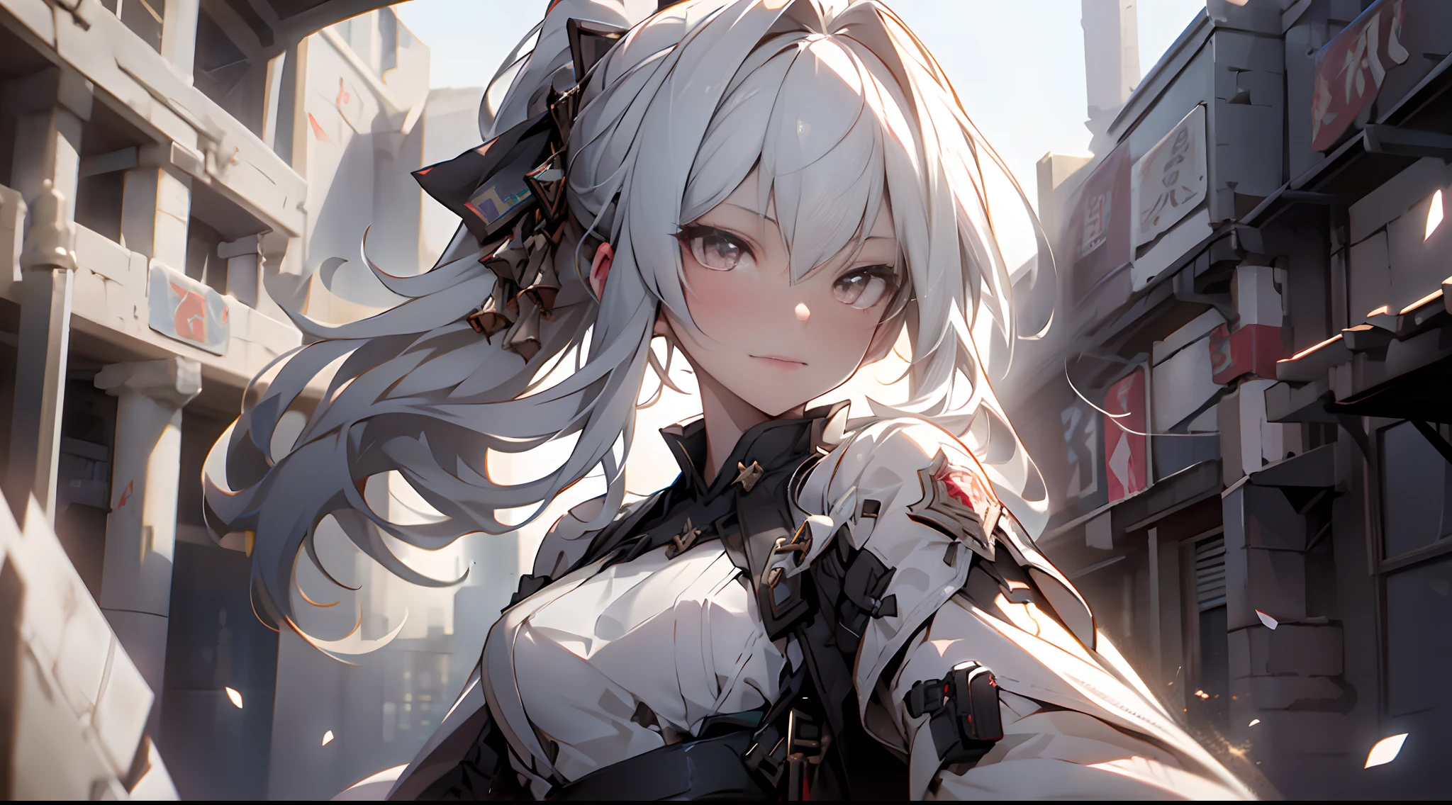 1 adult woman with a gun like weapon in her hand, alone, High detail mature face, long ponytail silver hair, gold eyes, white china dress with black strip, wear black head band, high res, ultra sharp, 8k, masterpiece, looking at viewer, long black gloves, Sharp eyes, ((Best quality)), ((masterpiece)), 3D, HDR (High Dynamic Range),Ray Tracing, NVIDIA RTX, Super-Resolution, Unreal 5,Subsurface scattering, PBR Texturing, Post-processing, Anisotropic Filtering, Depth-of-field, Maximum clarity and sharpness, Multi-layered textures, Albedo and Specular maps, Surface shading, Accurate simulation of light-material interaction, Perfect proportions, Octane Render, Two-tone lighting, Wide aperture, Low ISO, White balance, Rule of thirds,8K RAW, Aura, masterpiece, best quality, Mysterious expression, magical effects like sparkles or energy, flowing robes or enchanting attire, mechanic creatures or mystical background, rim lighting, side lighting, cinematic light, ultra high res, 8k uhd, film grain, best shadow, delicate, RAW, light particles, detailed skin texture, detailed cloth texture, beautiful face, fighting stance