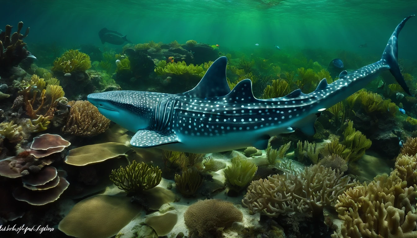 sci-fy, ocean floor,Bio-luminescence,,whale shark、Turtlen、Spotted seals、Rare marine species such as white dolphins,and seagrass, coral, seaweed