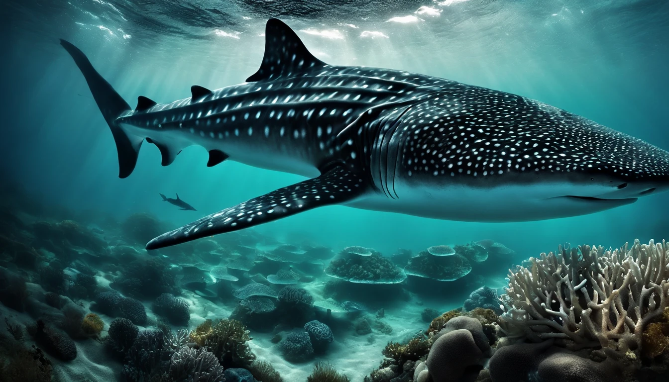 sci-fy, ocean floor,Bio-luminescence,，whale shark、Turtlen、Spotted seals、Rare marine species such as white dolphins，and seagrass, coral, seaweed