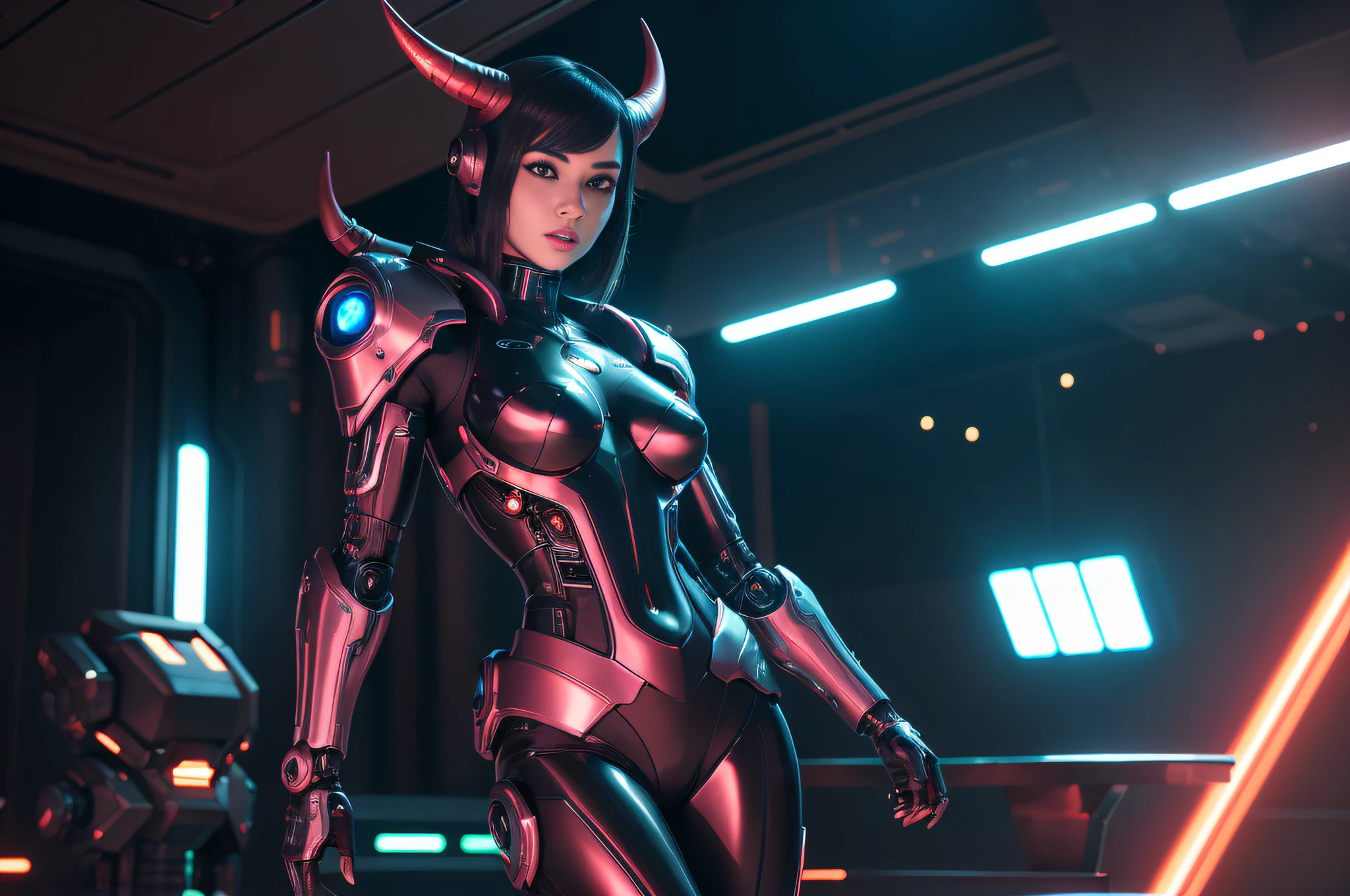 trending on artstation, masterpiece, android succubus posing in a spaceship wearing a futuristic spacesuit, deep red skin, cyborg, robotic parts, cybernetic bodyparts, horns, demon, scifi, science fiction, digital art, detailed, tall body, Mature body, seductive body, detailed beautiful faces, detailed shiny eyes, Detailed skin, atmospheric lighting, dim light, thirds rule, cyberpunk
