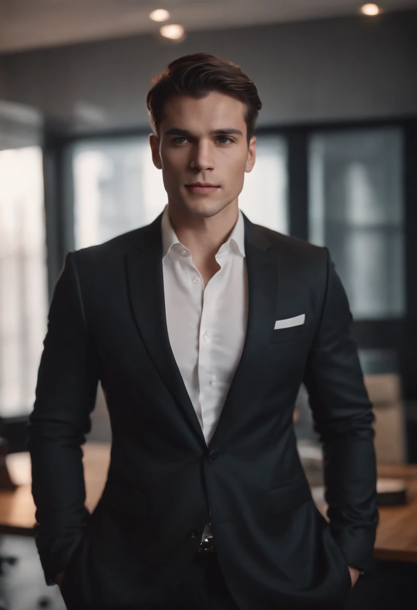 Photography 4K , a Male Man Masculine Standing in his office Flexing in his Black Suit