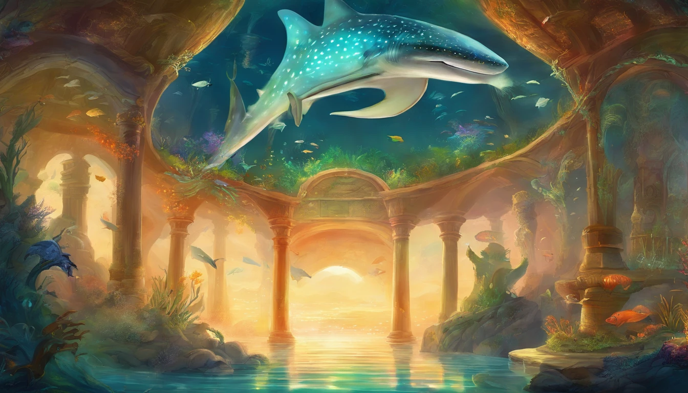 sci-fy, ocean floor,Bio-luminescence,,whale shark、Turtlen、Spotted seals、Rare marine species such as white dolphins,and seagrass, coral, seaweed