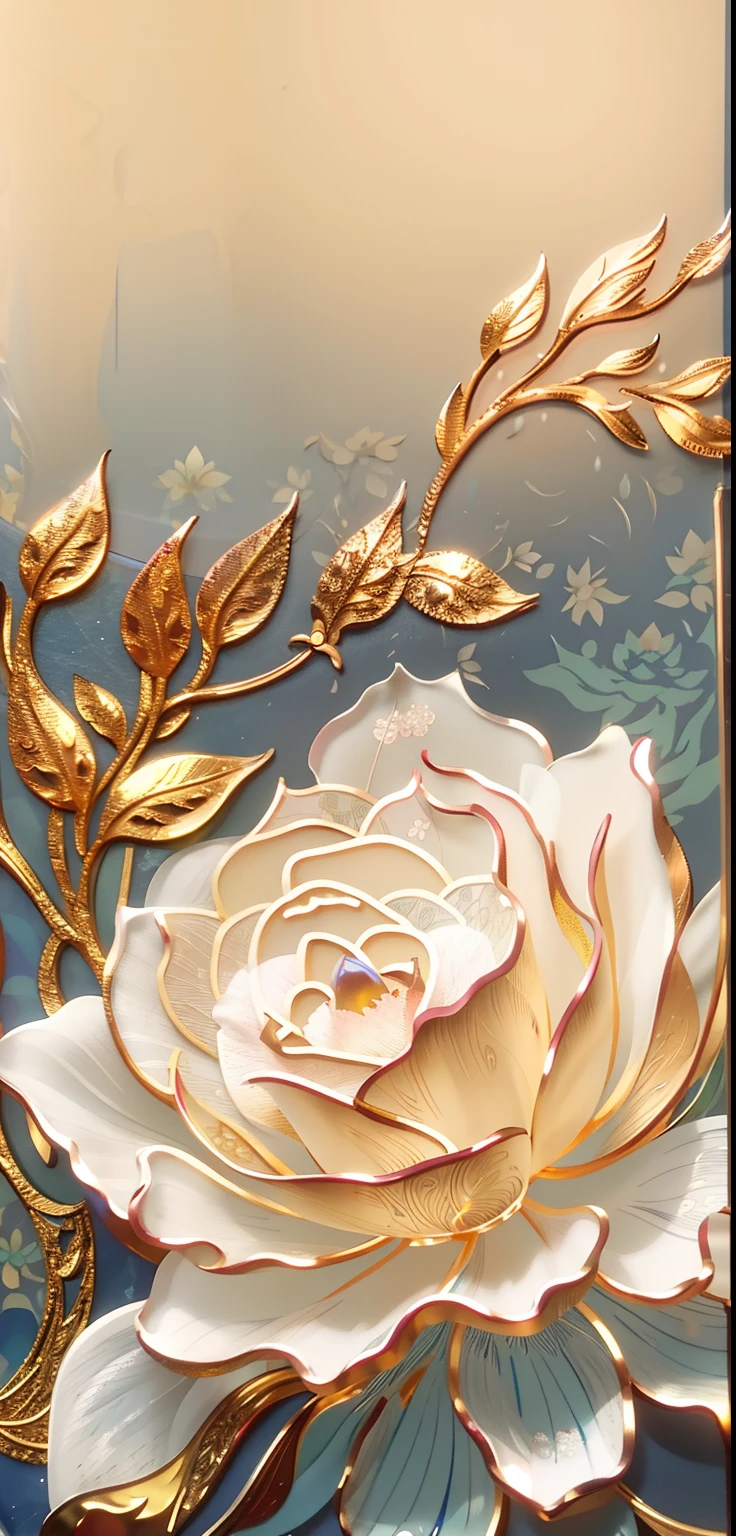 There is a white flower on it，There are gold leaves on it, touch of gold leaf, flowers and gold, gold flowers, translucent roses ornate, gold inlay, gold flaked flowers, glass、Gold and jade, Stunning and rich in detail, golden inlays, gilded relief, touch of gold leaf, exquisite floral details, intricate gold elements, gold embroidery
