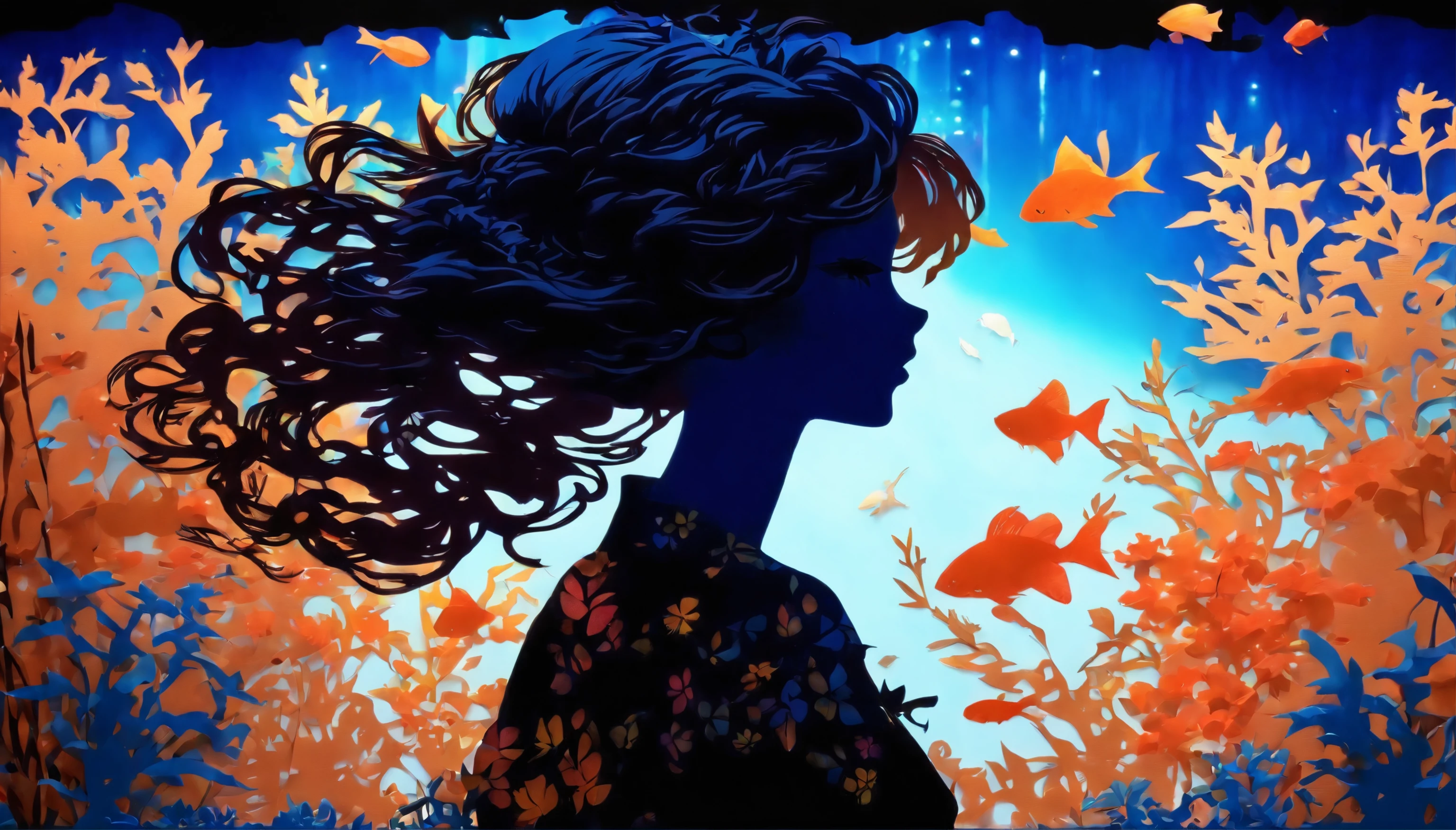(Silhouette Art,cutouts:1.6)
(((Paper cutting art,A world where only black exists:1.3)
(Cowboy Shot),1 girl,Solo,
(Kimono Girl,profile:1.2),white, Clear and beautiful face,
BREAK
(Aquarium where blue fish swim)
Textured glass background,
