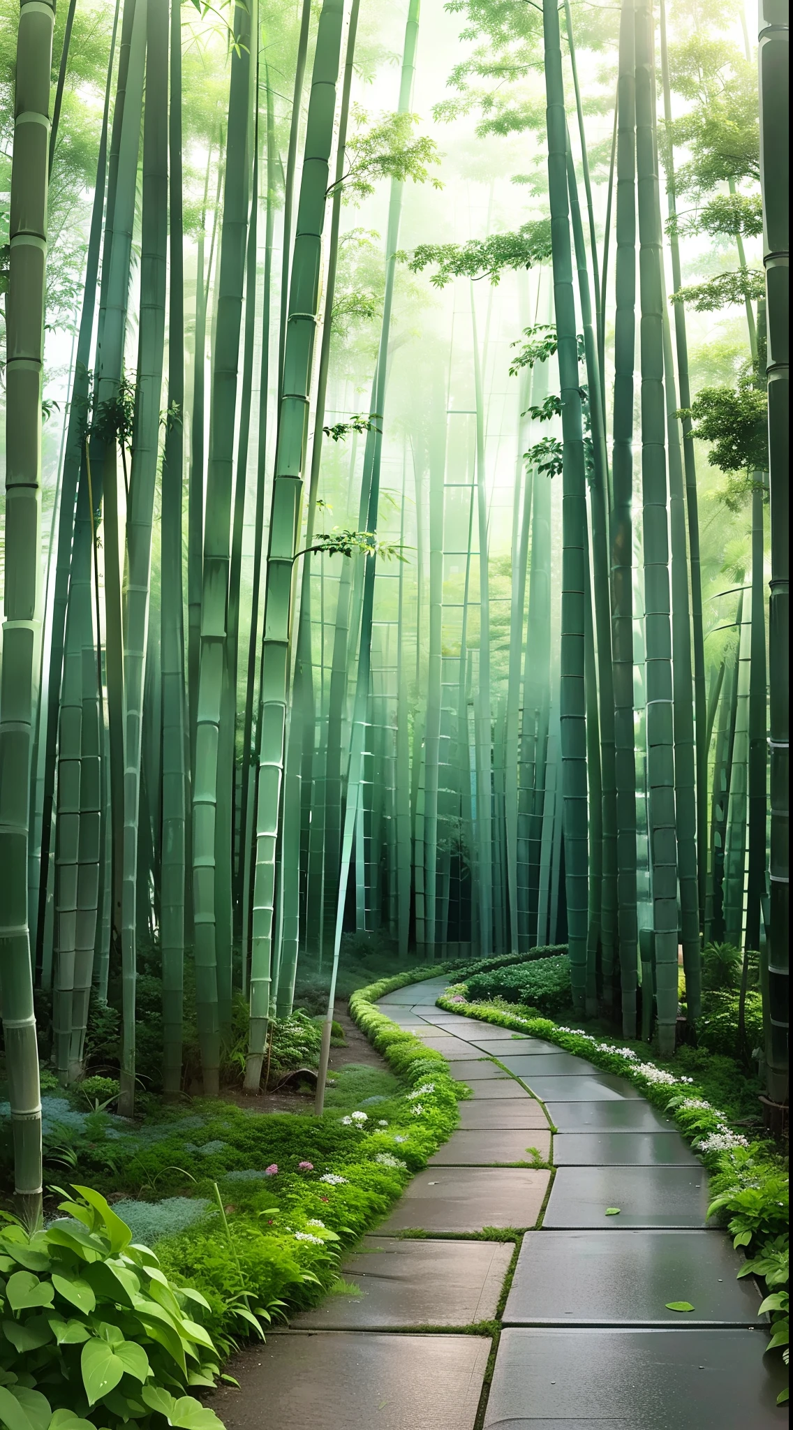 It was raining lightly,On both sides are towering bamboo forests, bamboo forests in the rain, and in the middle is a slate path that winds its way forward and disappears deep into the dense forest