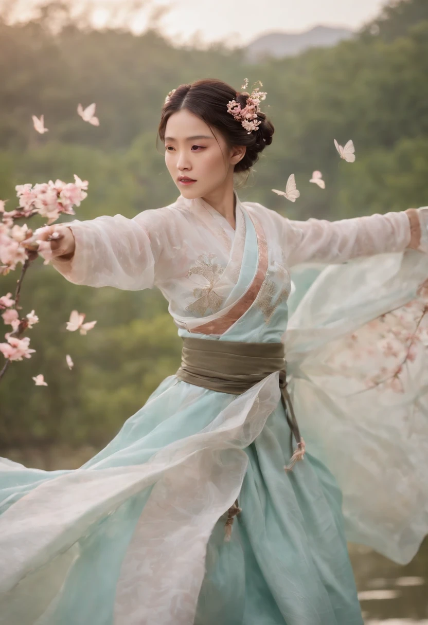 Extremely detailed and high-resolution masterpiece of Kocho Shinobu, the beautiful and deadly Demon Slayer in dynamic action. Add emphasis on the intricate details of her butterfly-themed outfit and the fierce expression on her face. Set the scene at twilight, with a serene pond and cherry blossom petals in the background. Use rich colors and volumetric light to create a sense of ethereal beauty and power.