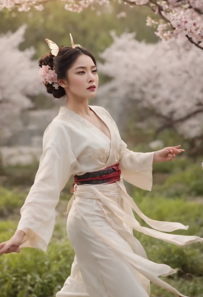 Extremely detailed and high-resolution masterpiece of Kocho Shinobu, the beautiful and deadly Demon Slayer in dynamic action. Add emphasis on the intricate details of her butterfly-themed outfit and the fierce expression on her face. Set the scene at twilight, with a serene pond and cherry blossom petals in the background. Use rich colors and volumetric light to create a sense of ethereal beauty and power.