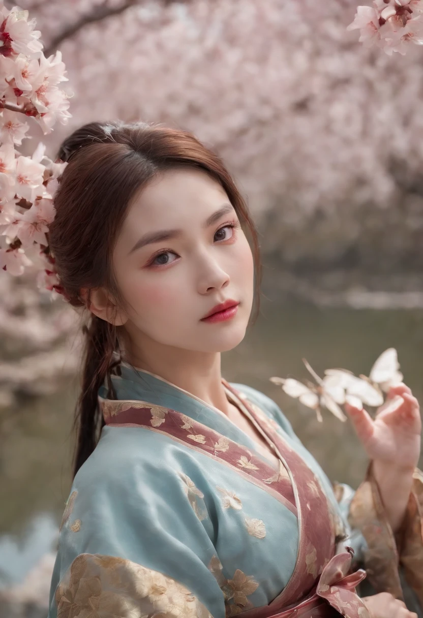 Extremely detailed and high-resolution masterpiece of Kocho Shinobu, the beautiful and deadly Demon Slayer in dynamic action. Add emphasis on the intricate details of her butterfly-themed outfit and the fierce expression on her face. Set the scene at twilight, with a serene pond and cherry blossom petals in the background. Use rich colors and volumetric light to create a sense of ethereal beauty and power.