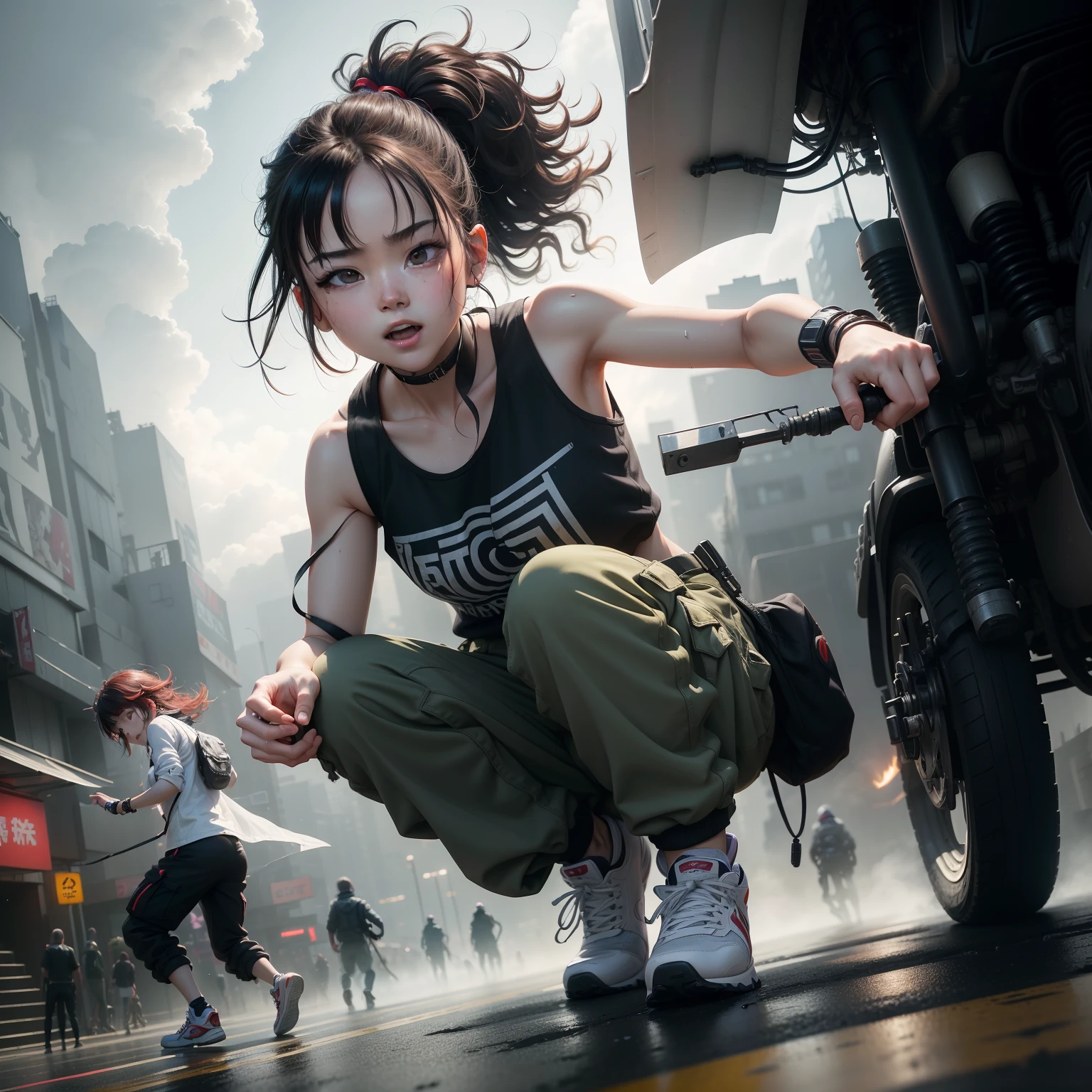 Dance、Artistic jump、break dance、Strenuous movements、vibrancy、Cyberpunk Style、Blade Runner vibe、Steam flows from exhaust outlets on the road surface、The road surface is wet、独奏、Fluttering hair、Cute Baby Turtle、Beautuful Women、a small face、white skinned、hason、young 17 years old、Bright smile、Half-open mouth、White teeth are visible、(Gradient of black-red hair、Long messy hair)、(cargo pants、vests、White sneakers)、(delicate detailed fingers、Detailed body、detailed arms、human hand)、(Detailed face) 、(8K、top-quality: 1.4、tmasterpiece、 hyper HD、 Top resolution,、The is very detailed、 profesional lighting、 Gray light illumination、low angle from below、Blow steam into the landscape、Fog in the landscape、Foggy、