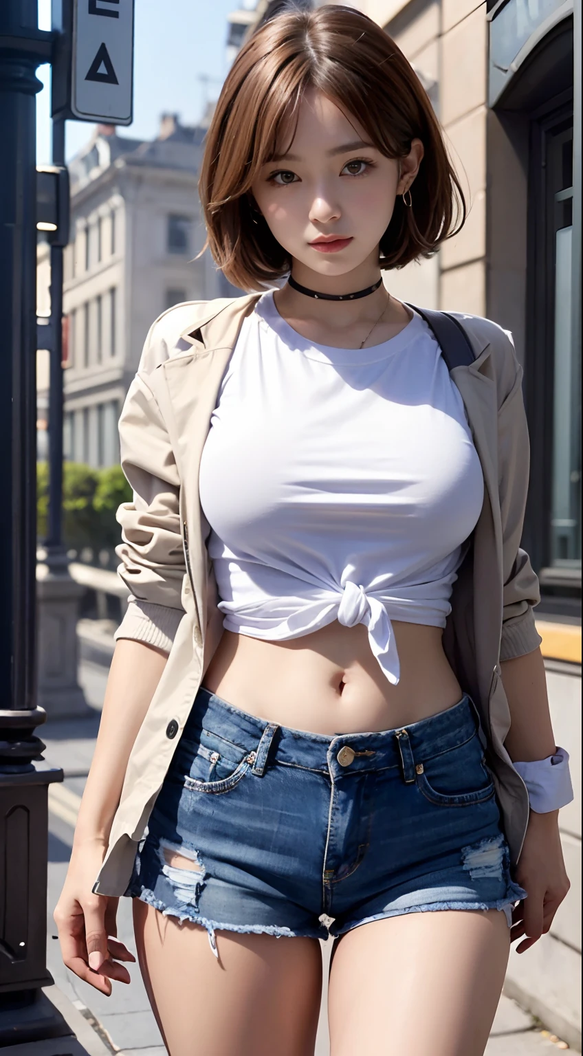 One-piece, breast focus, ((facing viewer)), ((Bomber Jacket)), Portrait, (((show off deep brown nipple))), in the zoo, japanese tiny girl, pale skin, short hair, ((standing)), high quality:1.3, Professional lighting:2.0 realistic:1.2, 4k resolution, detailed skin, masterpiece:1.1