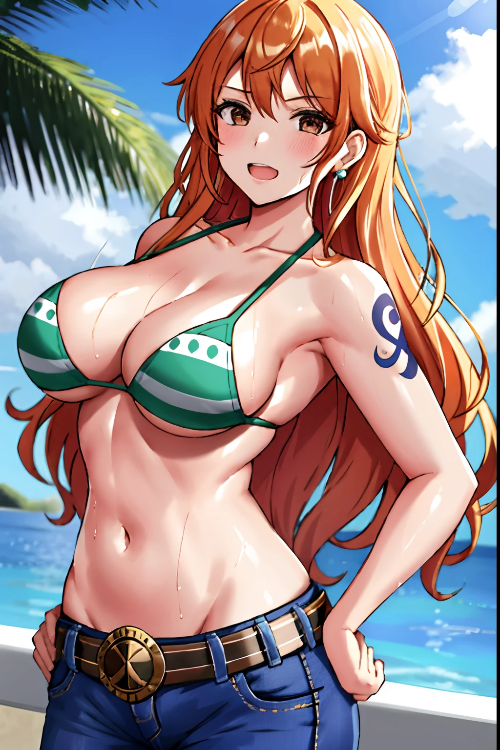 Detailed background, masutepiece, 4K, epicd, Best Quality, Late youth, Adult, Wrestler Body, Strong, 1girl in, Active, Energetic, (large mouth) , Solo, Nami \(One piece\), 1girl in, bangle, (Very wet, Drenched in sweat, sweat all over, very wet hair, Tired, Open mouth, Exhausted, Shouting, Sweaty face, Sweaty body, too sweat, shiny sweat, leaning, Hands on hips, Serious, Glaring, Open eyes, Perfect detailed face, Round face, Sweat on Face) bold drawing lines, Muscular arms, Detailed bold arm lines, Flat jaw, Adult Woman, bangs with wavy broad stripes,, Floating Van, (Big cheeks), Bare shoulders, off shoulders, Belt bag, bikini of, bikini top only, Blue sky, Bracelet, elastic breasts, Chest line, large round eyes, very large brown shiny eyes,, Bubbles, High eye position, cleavage, cloud, day, denim, earrings, Floating hair, Shiny hair, Green belt, Green Bikini, Bold groin line, jeans, Jewelry, medium breasts, Log Pose, Long hair, Looking at Viewer, large navel, Wet hair, Orange hair, Pants, Tattoos on the shoulder, side locks, skyporn, Solo, Standing, Stomach, Swimsuit, The tattoo , Looking at Viewer, Open mouth, Detailed left arm, large forehead, an hourglass figure, small head, Toned body, wide hair, Wind-effect, Solar effect, Under the sun, narrow small ear angle,, Older, Random Poses,