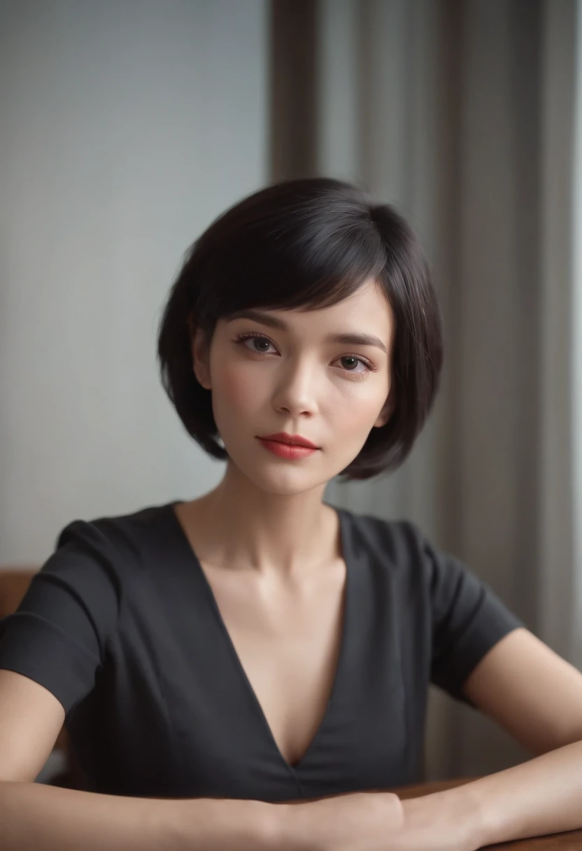 Best quality, masterpiece, ultra high res, (photorealistic:1.5), (smile:1.2),raw photo, 1girl, offshoulder, in the dark, deep shadow, low key, cold light, sexy look, short hair