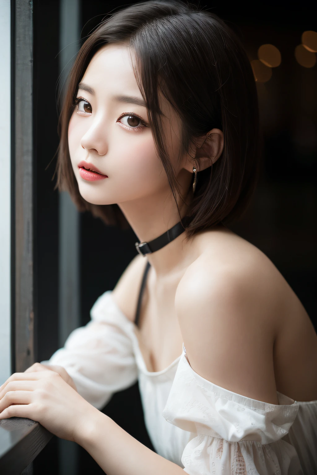 Photorealistic style、 Similar to the exquisite beauty of Korean actress Park Kyu-young. She wears a white dress with a collar, Buttoned up to her neck, moderately cover her skin. Her features are impressive, and Large, Expressive eyes, small mouth, and a straight nose that gives her a doll-like look. She has a short bob haircut with shiny black hair. The image should highlight the details of her delicate face. The background is rough々Right, White-dominated architectural environment. Photo taken with DSLR camera, Eta、Lighting plays with extreme contrasts of light and shadow. She leans her arm against the railing, gazing into distance, Away from Camera, Create an air of mystery. The focus should be on capturing her whole body, Even though she's not facing the camera.. Her hands and feet must be intricately detailed. The dress she wears is、While maintaining an overall cute and attractive look、Designed to create the illusion of longer legs. This image is、Intended to portray an attractive presence with a cute and adorable vibe. Lighting and composition are、Should emphasize her charm and elegance against the background of industry. Make sure the final image is in a photorealistic style, Emphasis on every detail, From expressive eyes and face、up to the complex features of the limbs,.Generate images of seductive young women, Capture in 8K resolution,