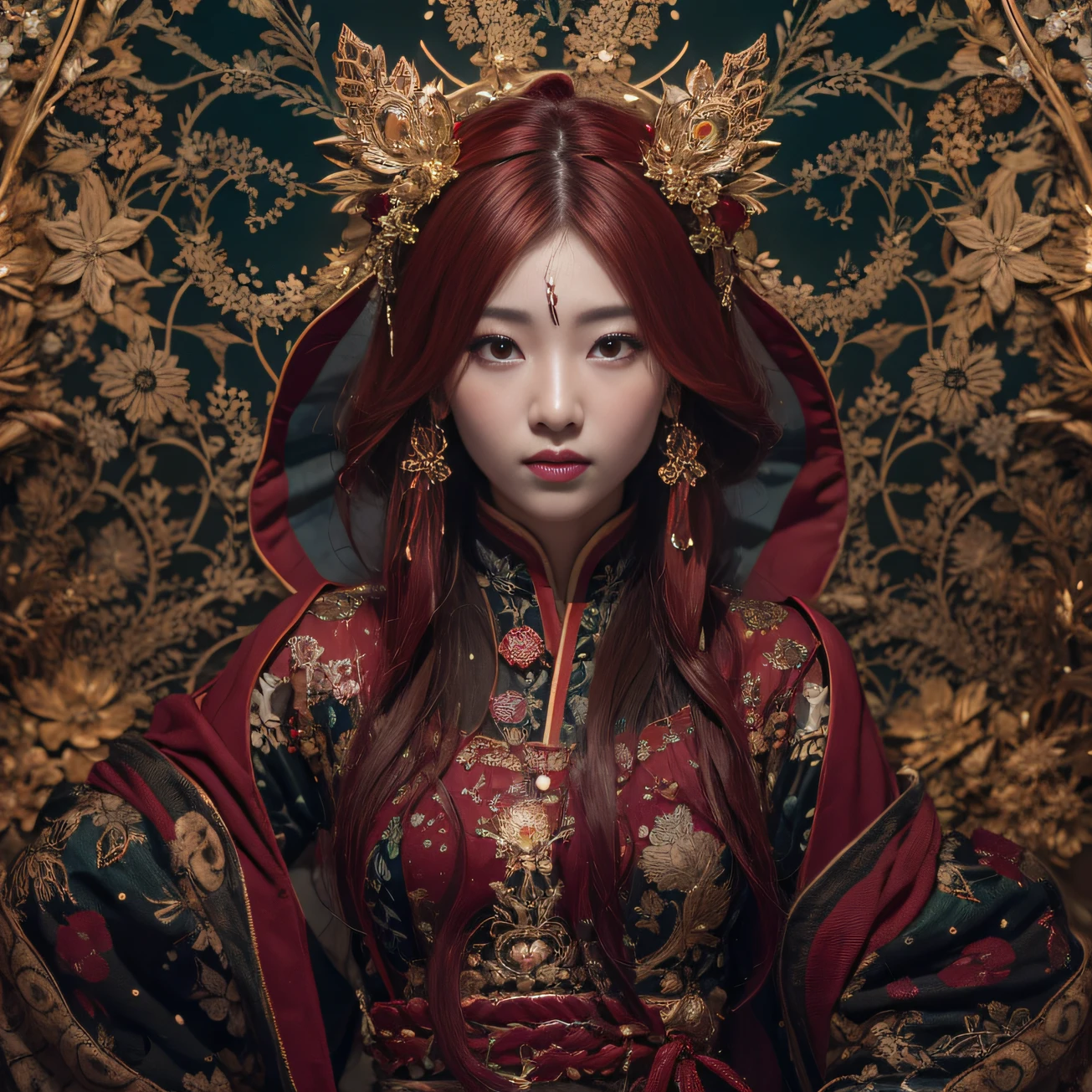 32K gradient glass texture（tmasterpiece，k hd，hyper HD，32K）Short burgundy hair，Short flowing hair，Onsen District，Flame Girl ，Yao Lang protector （realisticlying：1.4），Python pattern robe，Black gold master Kawashima work headdress，Snowflakes fluttering，The background is pure，Hold your head high，Be proud，The nostrils look at people， A high resolution， the detail， RAW photogr， Sharp Re， Nikon D850 Film Stock Photo by Jefferies Lee 4 Kodak Portra 400 Camera F1.6 shots, Rich colors, ultra-realistic vivid textures, Dramatic lighting, Unreal Engine Art Station Trend, cinestir 800，Hold your head high，Be proud，The nostrils look at people，Short burgundy hair
