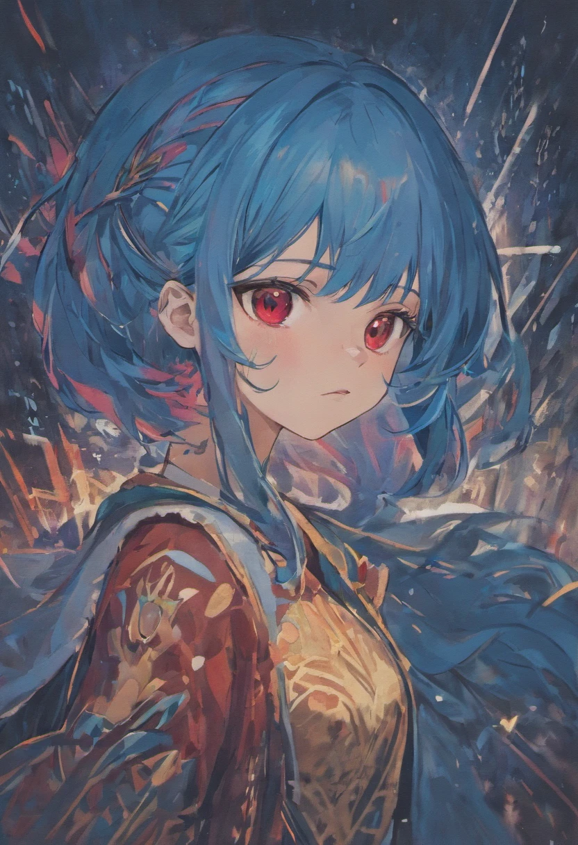 Beutiful girl with blue hair red eyes beutiful face 16 years old