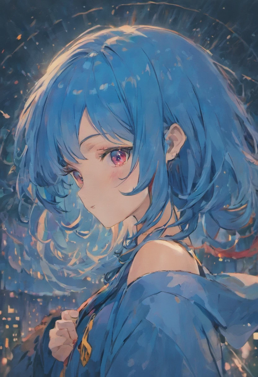 Beutiful girl with blue hair red eyes beutiful face 16 years old