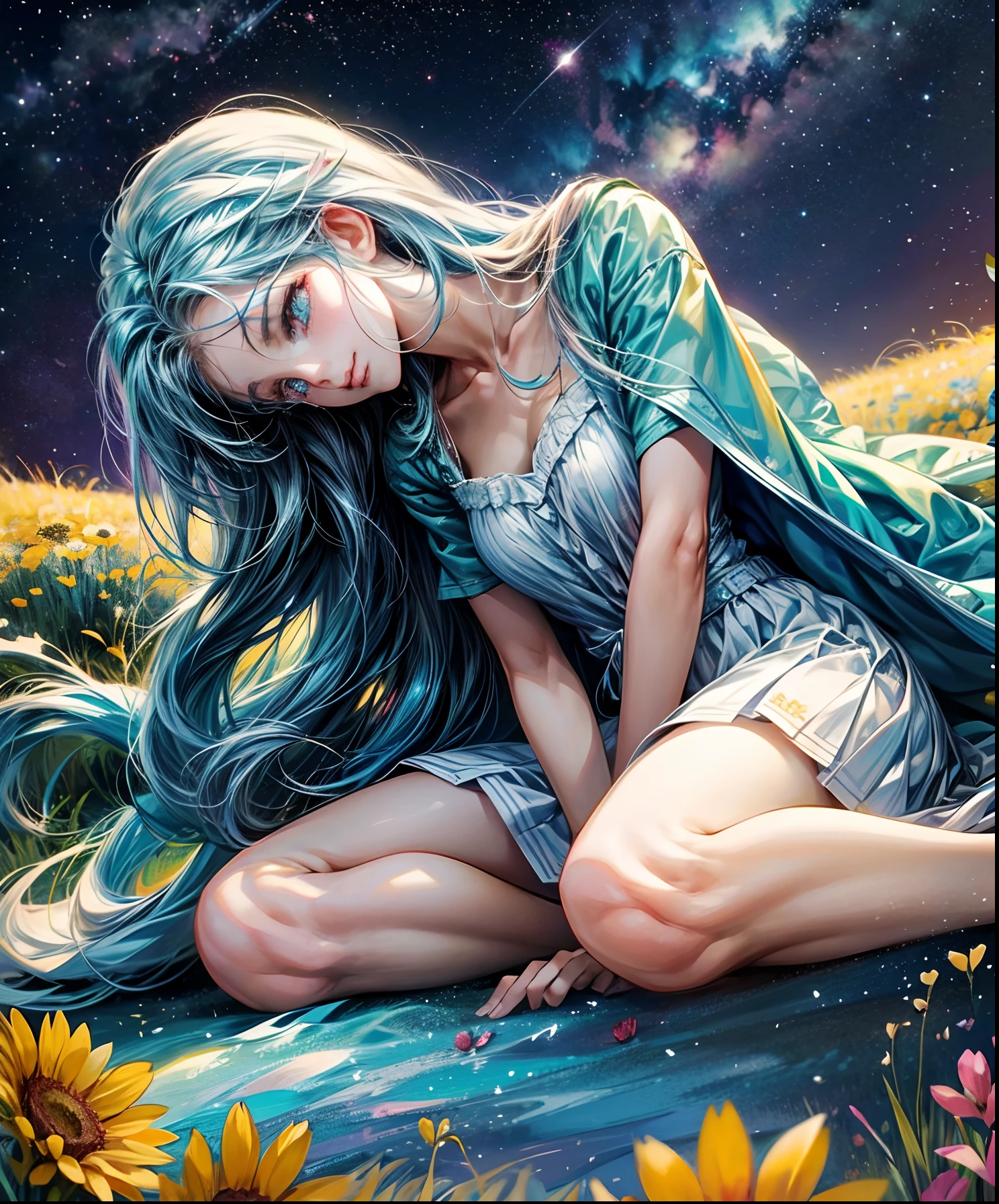 Describe a scene where a cute girl character is lying on a grassy hill, Looking up at the starry sky. Surround her with colorful nebulae and her favorite constellations.