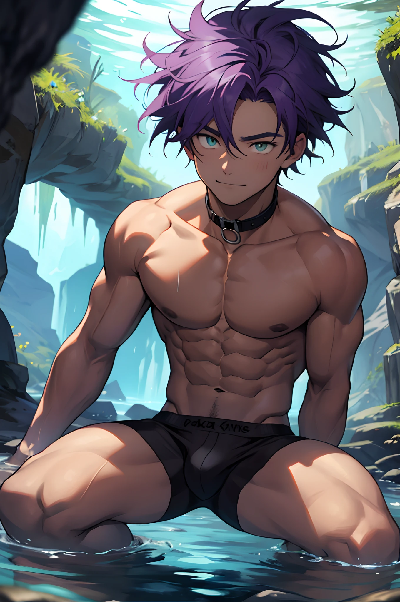 (masterpiece, best quality), 1 juvenile, boy,Keep your eyes wide open,largeeyes,a baby nile faces,Kid's face,nakeness,ssmile,Huge amethyst,Amethyst Cave,Caves in the water,Flat chin,Clear briefs,bare pectorals,Short purple hair with a very light color,Heterochromic eyes, 复杂,Black collar, nakeness,Clear briefs,Pectoralis abdominal muscles,vivd colour,(depth of fields:1.2),(abs),looking at viewert,spreads her legs apart,Close up