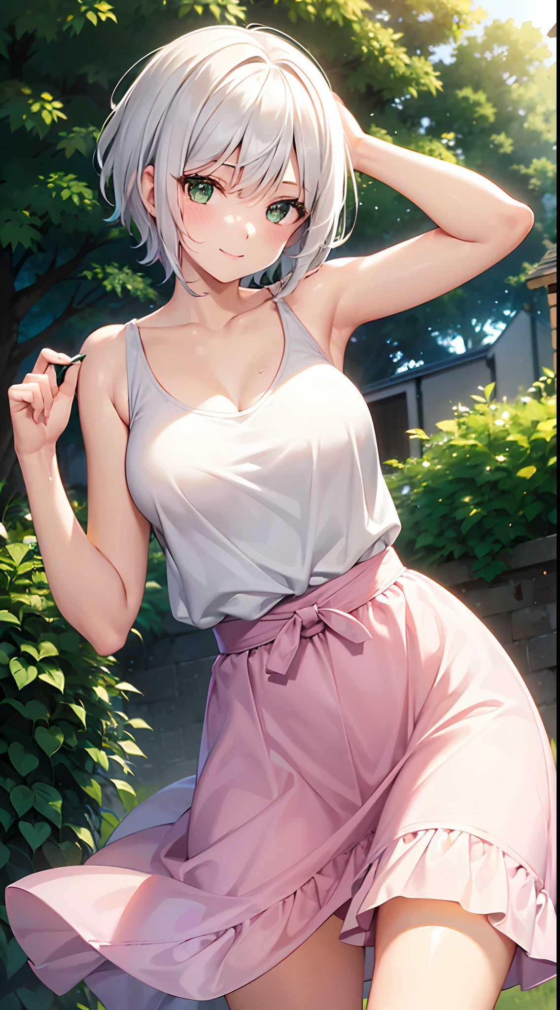 One girl, white hair, short hair, green eyes, soft skin, smiling, white tank top, pink skirt, long medium shot, sunlight, colorful results, high quality, high resolution, outdoor,