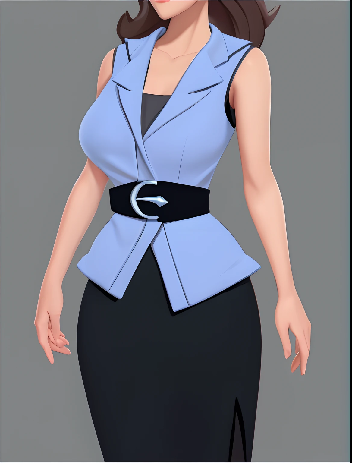 A cartoon of a woman in a blue jacket and black dress, stylized portrait formal pose, heroines, unrealistic character concept, character full body portrait, full body character portrait, full body portrait of a short!, full-body portraits, digital art of an elegant, Cartoon Art Style, clothing design, inspired by Tex Avery, full body character portrait, with shoulder pads